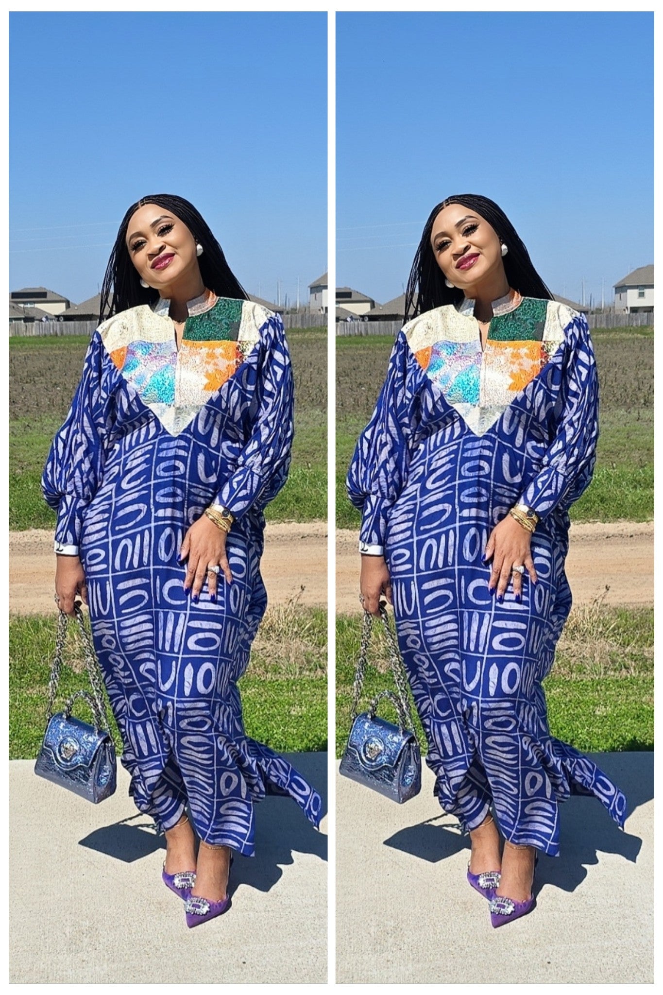 OBIM Adire+ Chiffon+Patched Brocade Neck Design Patched Bubu Dress