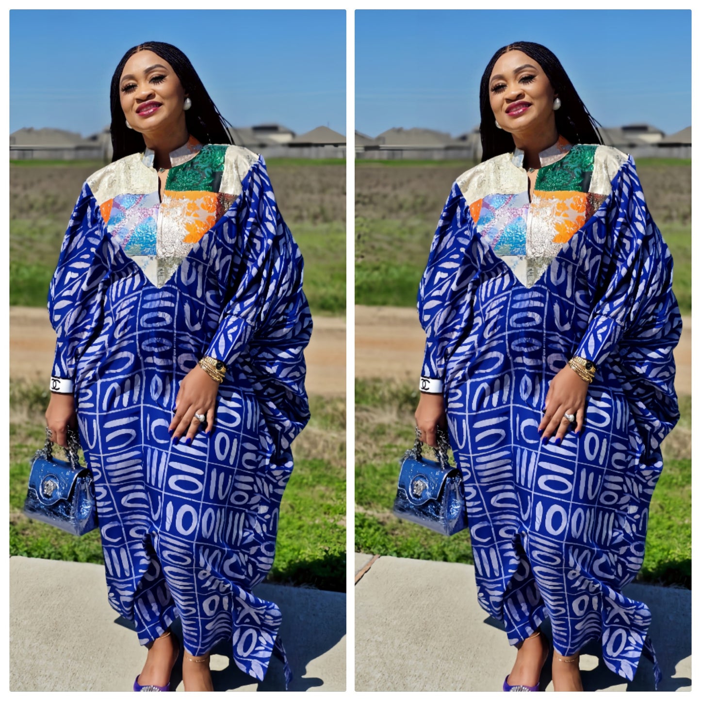 OBIM Adire+ Chiffon+Patched Brocade Neck Design Patched Bubu Dress