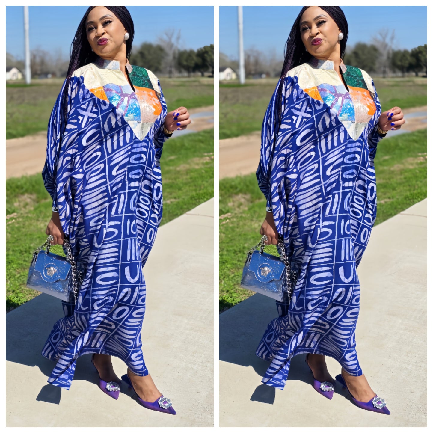 OBIM Adire+ Chiffon+Patched Brocade Neck Design Patched Bubu Dress