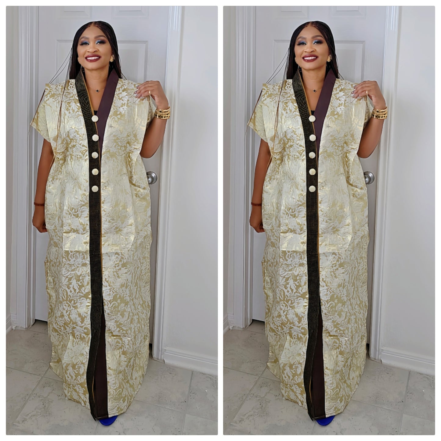 European Rich Aunty Luxurious Brocade Agbada Bubu Maxi Dress Kaftan Dress With A Contrast Neck line and Matching scarf !