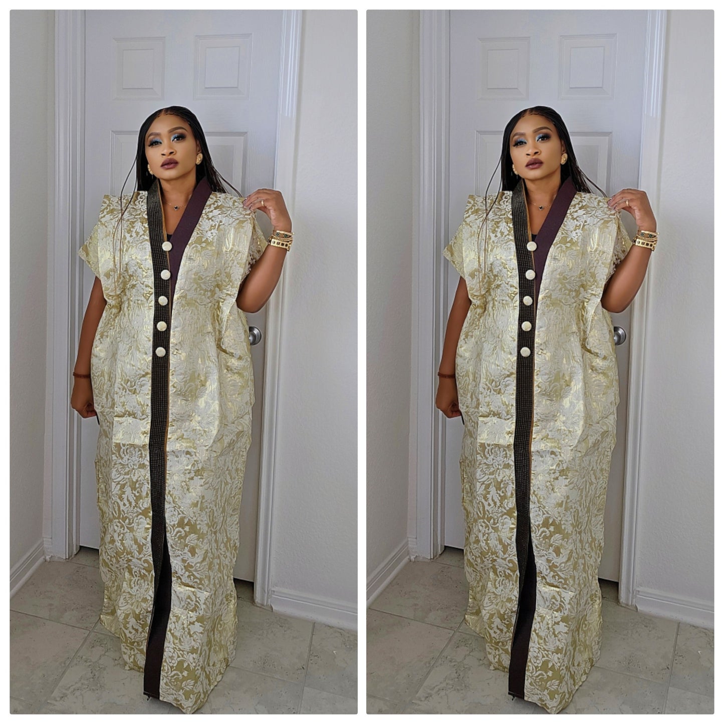European Rich Aunty Luxurious Brocade Agbada Bubu Maxi Dress Kaftan Dress With A Contrast Neck line and Matching scarf !