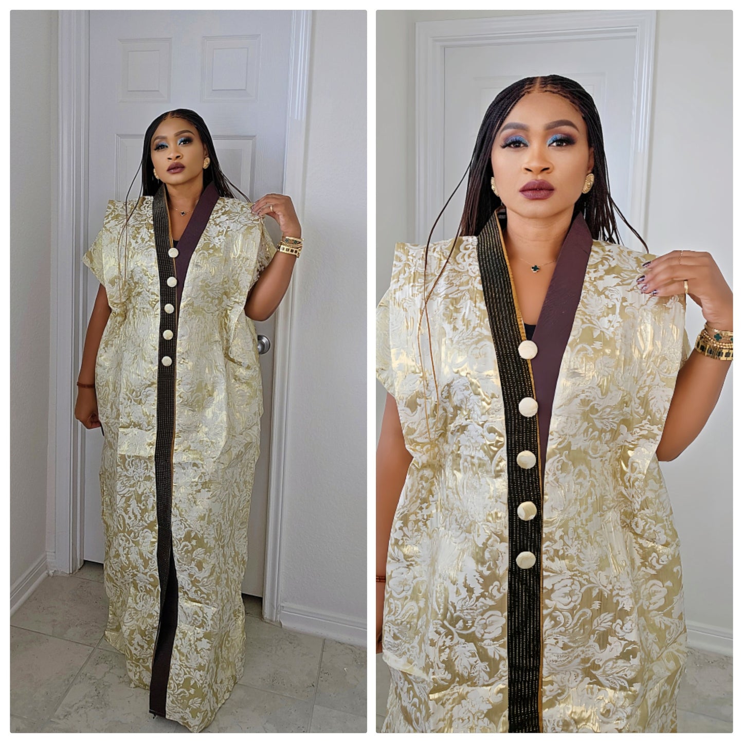 European Rich Aunty Luxurious Brocade Agbada Bubu Maxi Dress Kaftan Dress With A Contrast Neck line and Matching scarf !