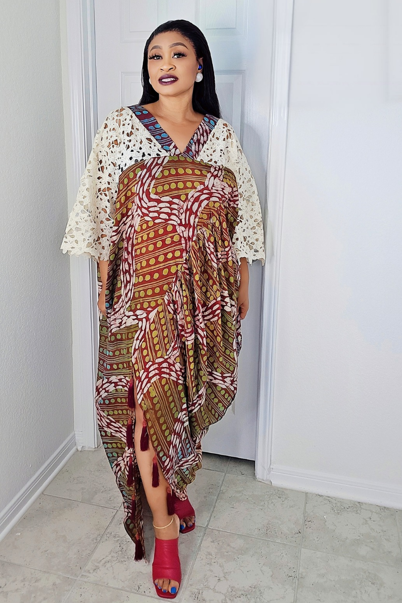 Obim Luxe Bubu – One Size Adire Chiffon Dress with Tassels