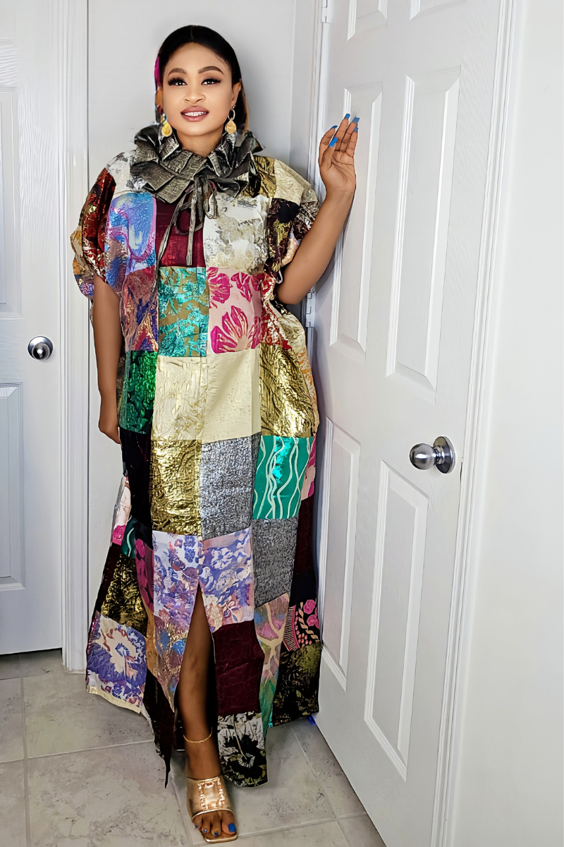 Patched Brocade Rich Aunty Luxurious Agbada Bubu Maxi Dress Kaftan Dress with Dramatic Neckline