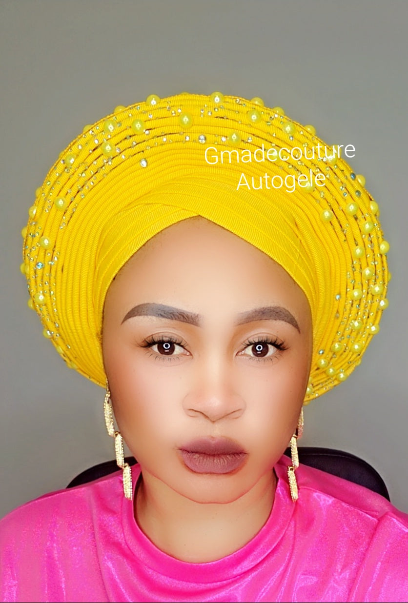 V-CUT LUXURY AUTOGELE ASO OKE BEADED HEADTIE ONLY WITH LACE, PEARLS AND STONE GLITTERS