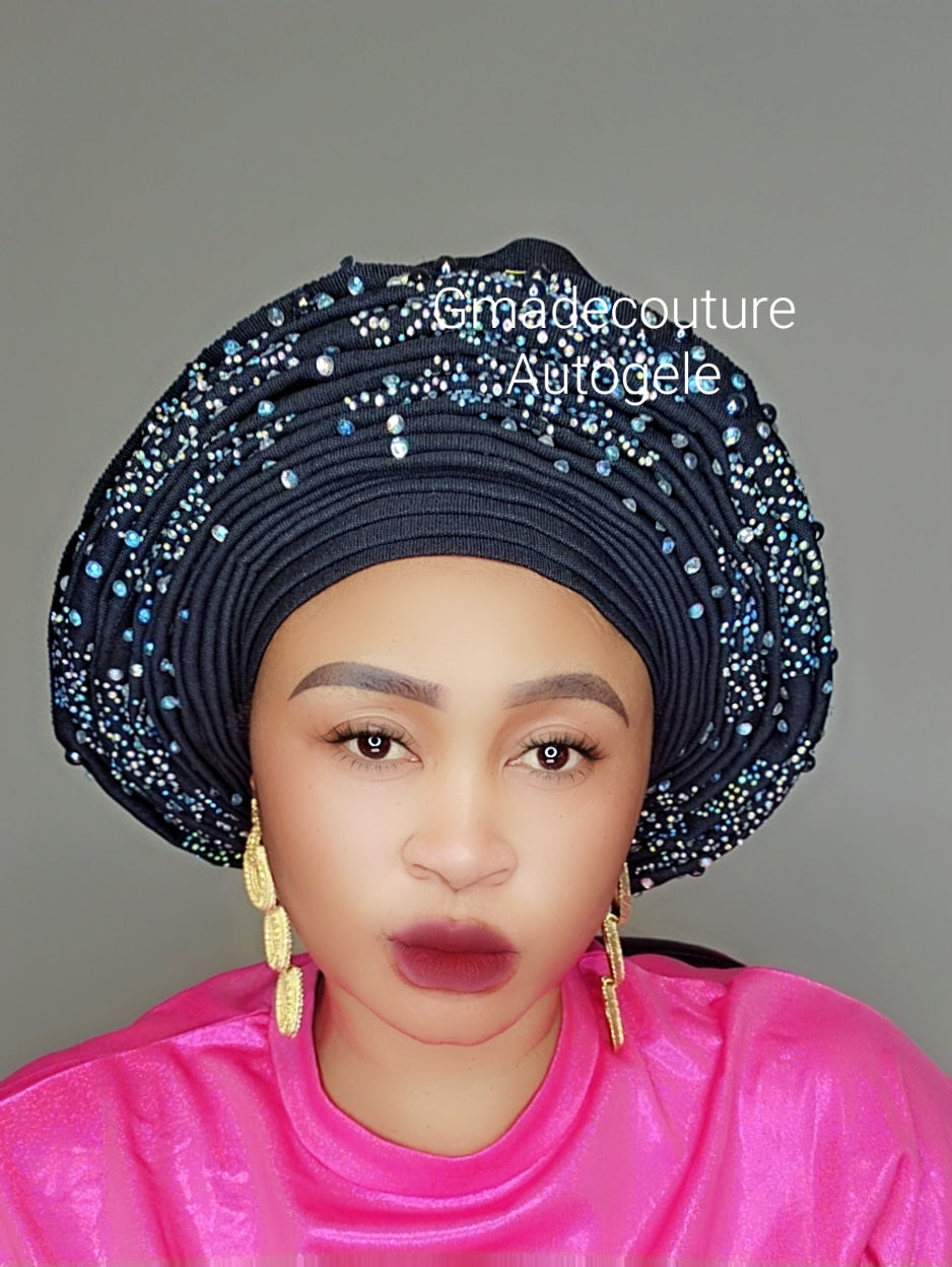 ROUND SHAPED LUXURY AUTOGELE ASO OKE BEADED HEADTIE ONLY WITH STONE GLITTERS AND PEARLS- Black