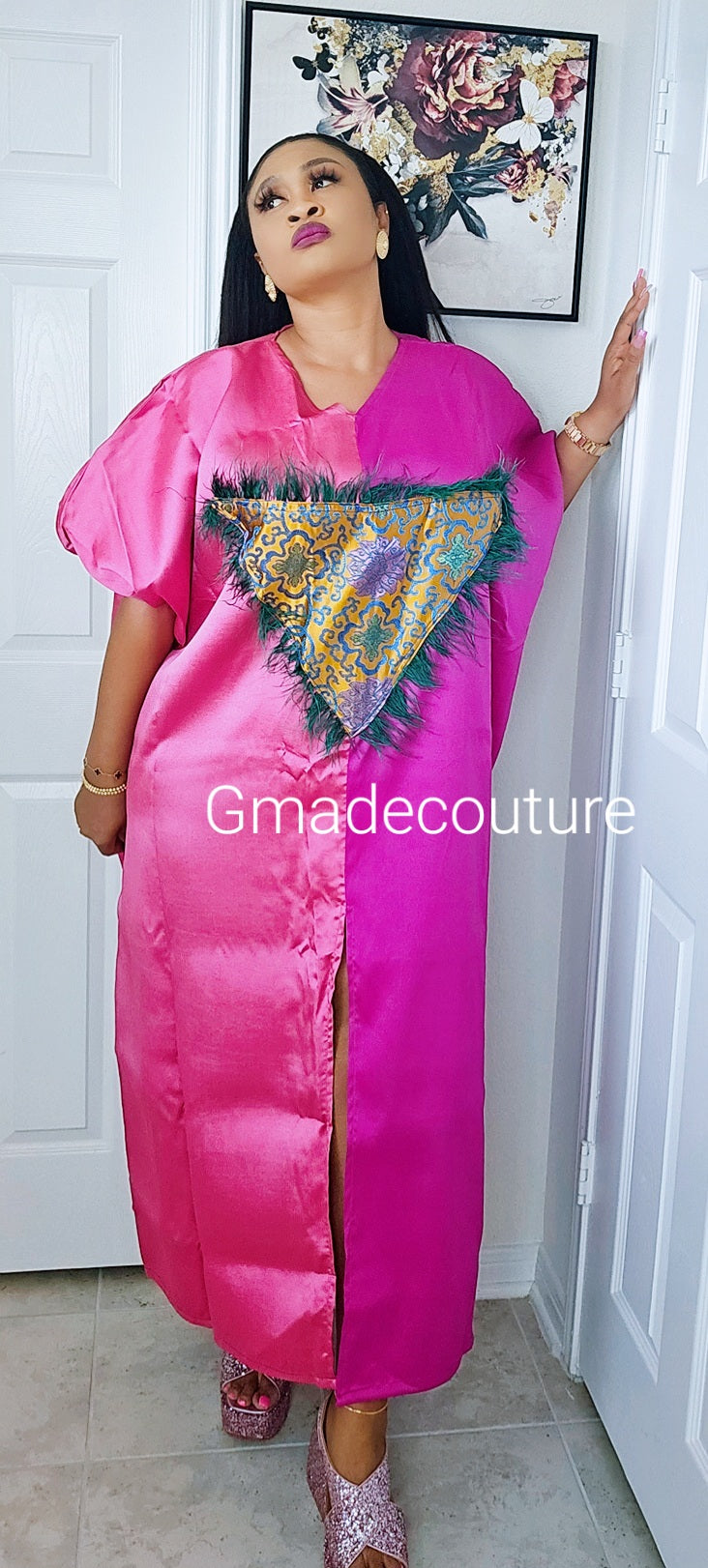 Mikado Two-Toned Rich Aunty Luxurious Agbada Bubu Maxi Dress Kaftan Dress- pink