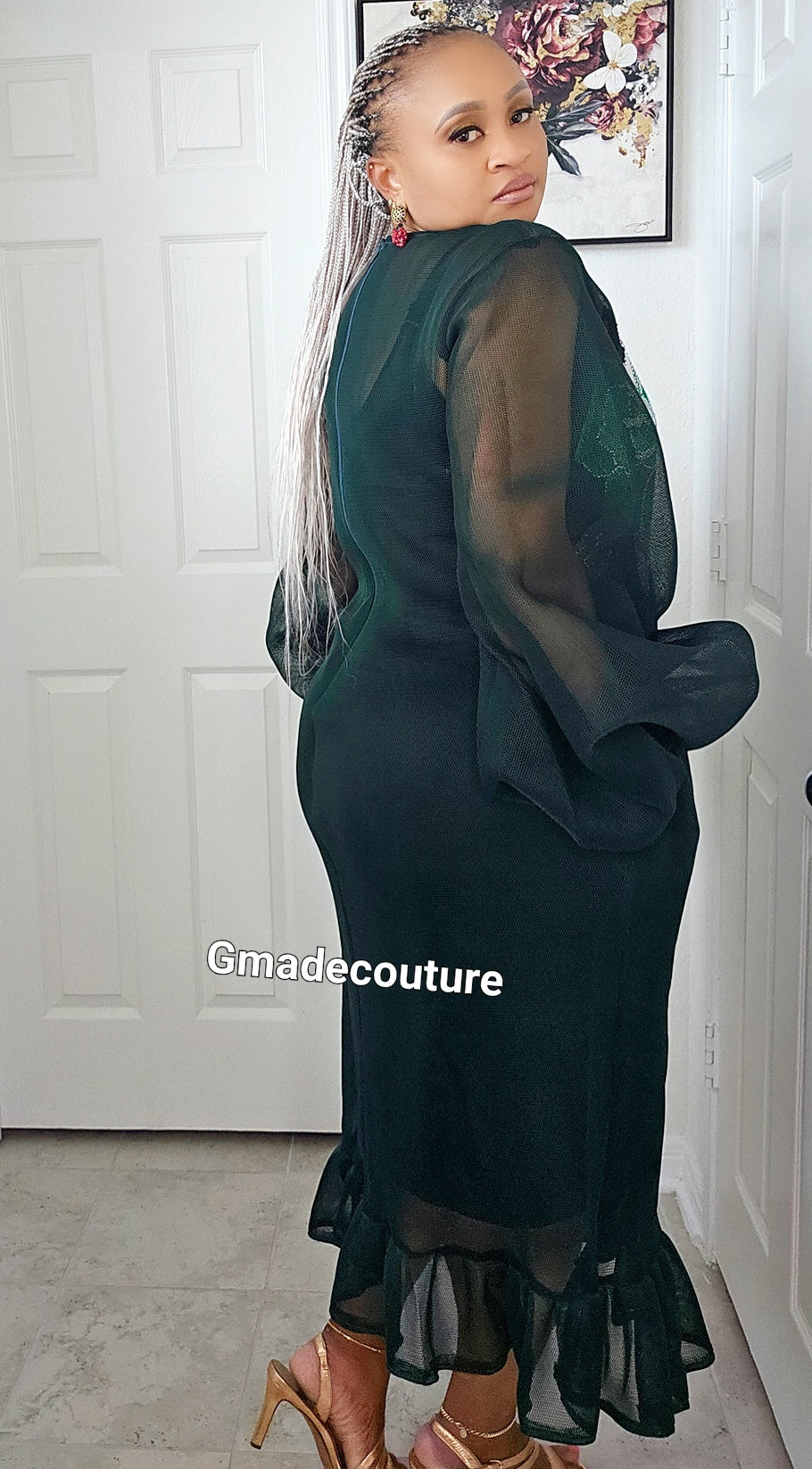 Puff sleeves Lace with Ankara Rose patch and Ruffled Hem-Dark G