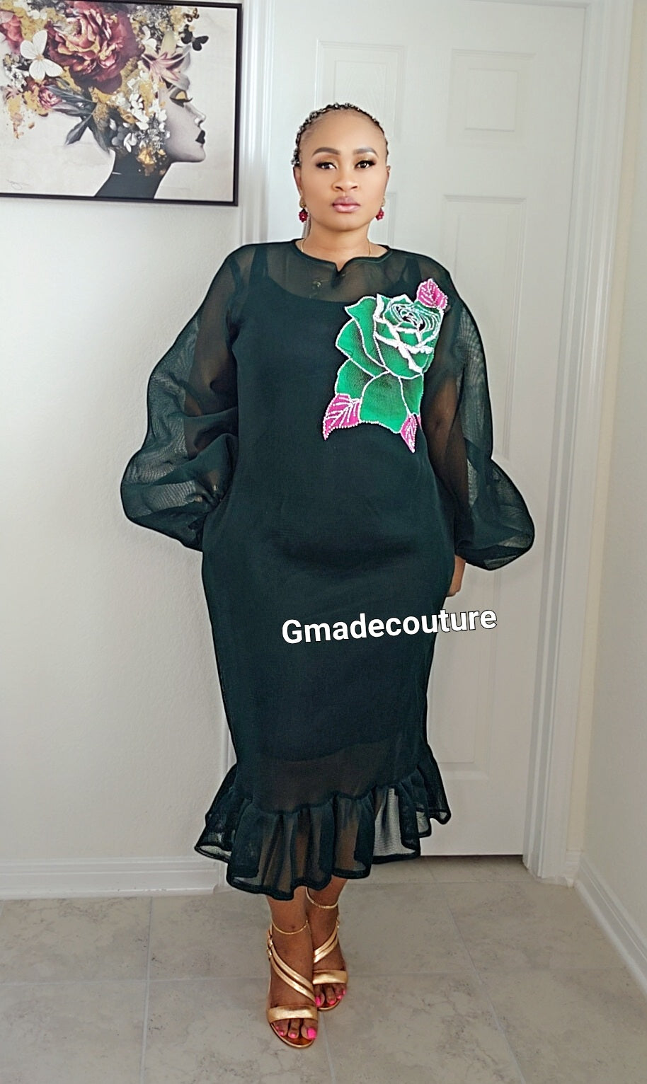 Puff sleeves Lace with Ankara Rose patch and Ruffled Hem-Dark G