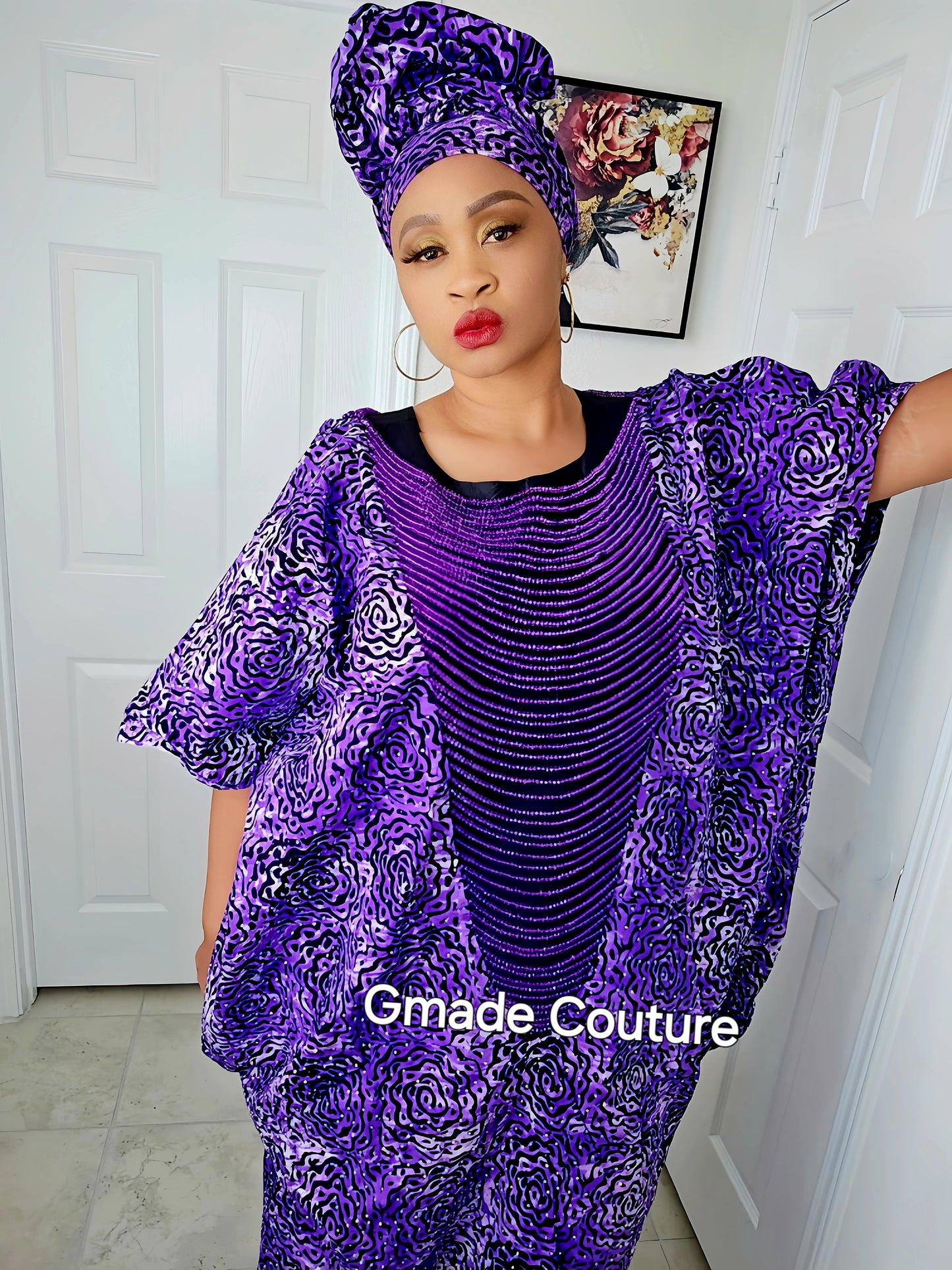 Imade Rich Aunty Luxurious High Quality Embellished Beaded Ankara with Crystals Agbada Bubu Maxi Dress Kaftan Dress with Matching Scarf