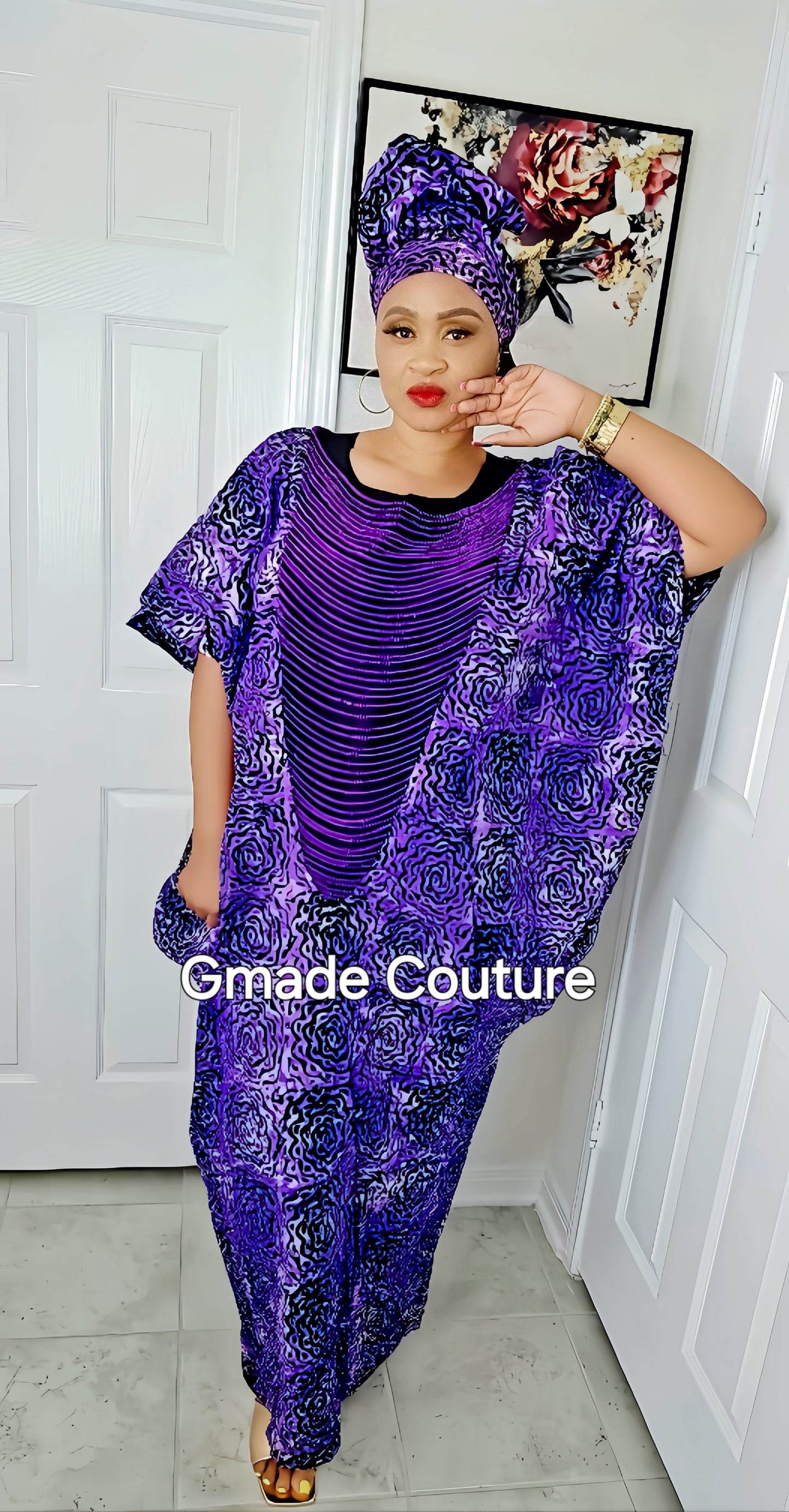 Imade Rich Aunty Luxurious High Quality Embellished Beaded Ankara with Crystals Agbada Bubu Maxi Dress Kaftan Dress with Matching Scarf