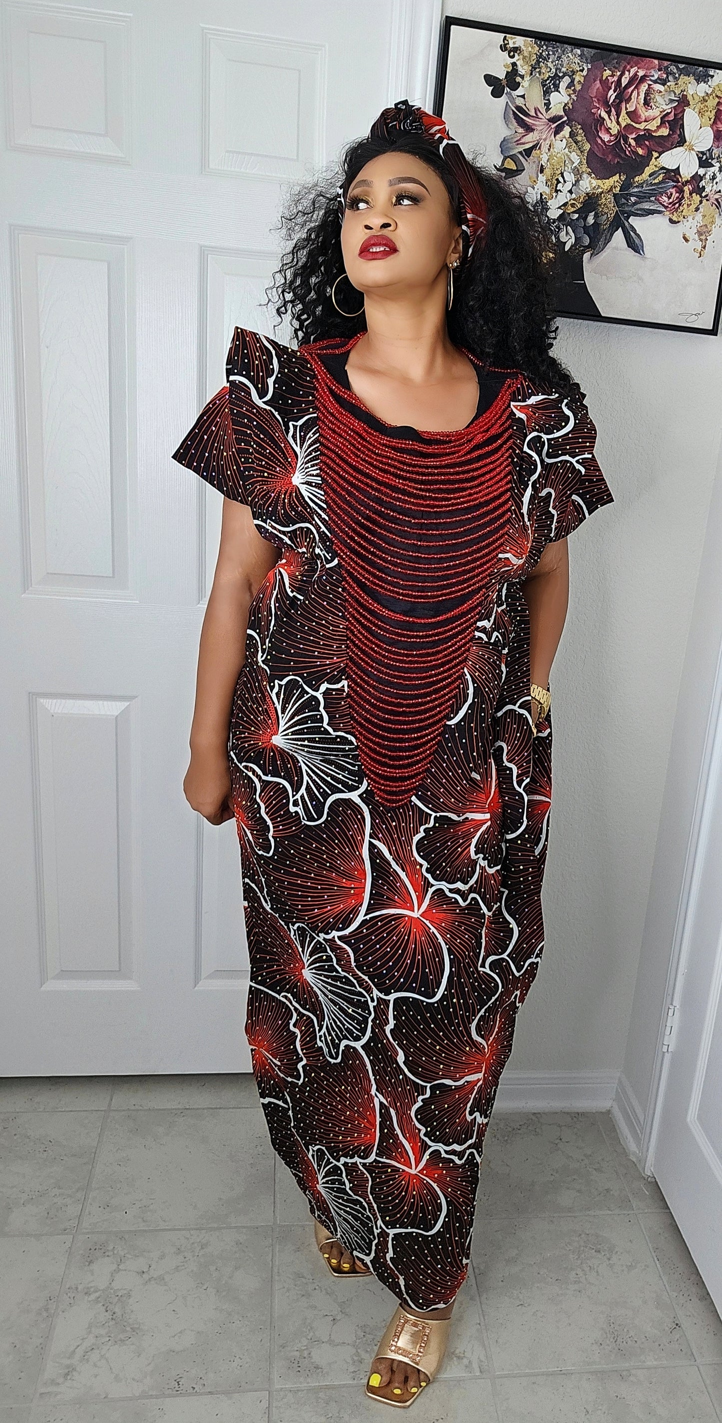 Imade Rich Aunty Luxurious High Quality Embellished Beaded Ankara with Crystals Agbada Bubu Maxi Dress Kaftan Dress with Matching Scarf