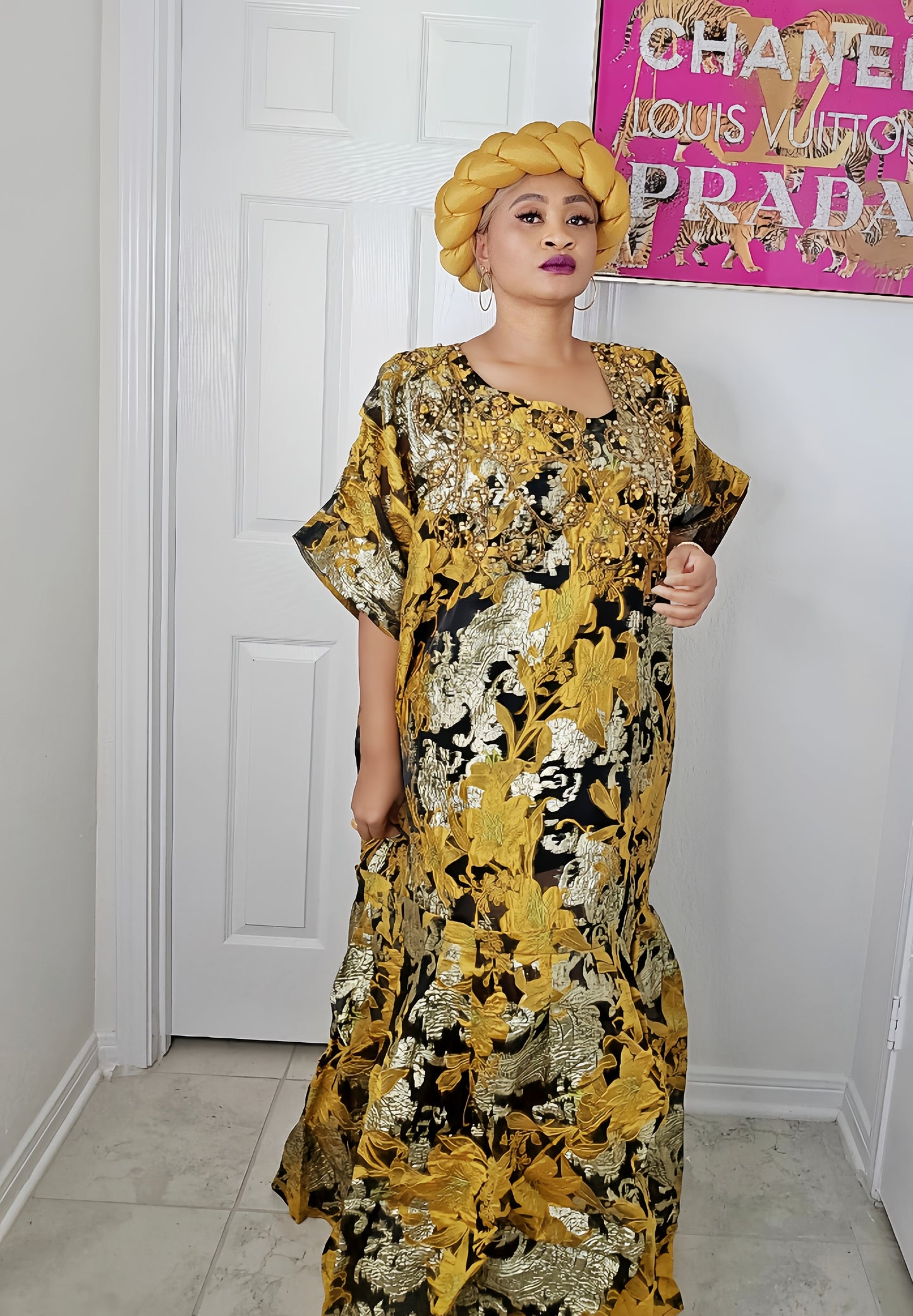 Luxury Plus-Size European Brocade Bubu Dress with Puffy Headband– Elegance with a Statement!