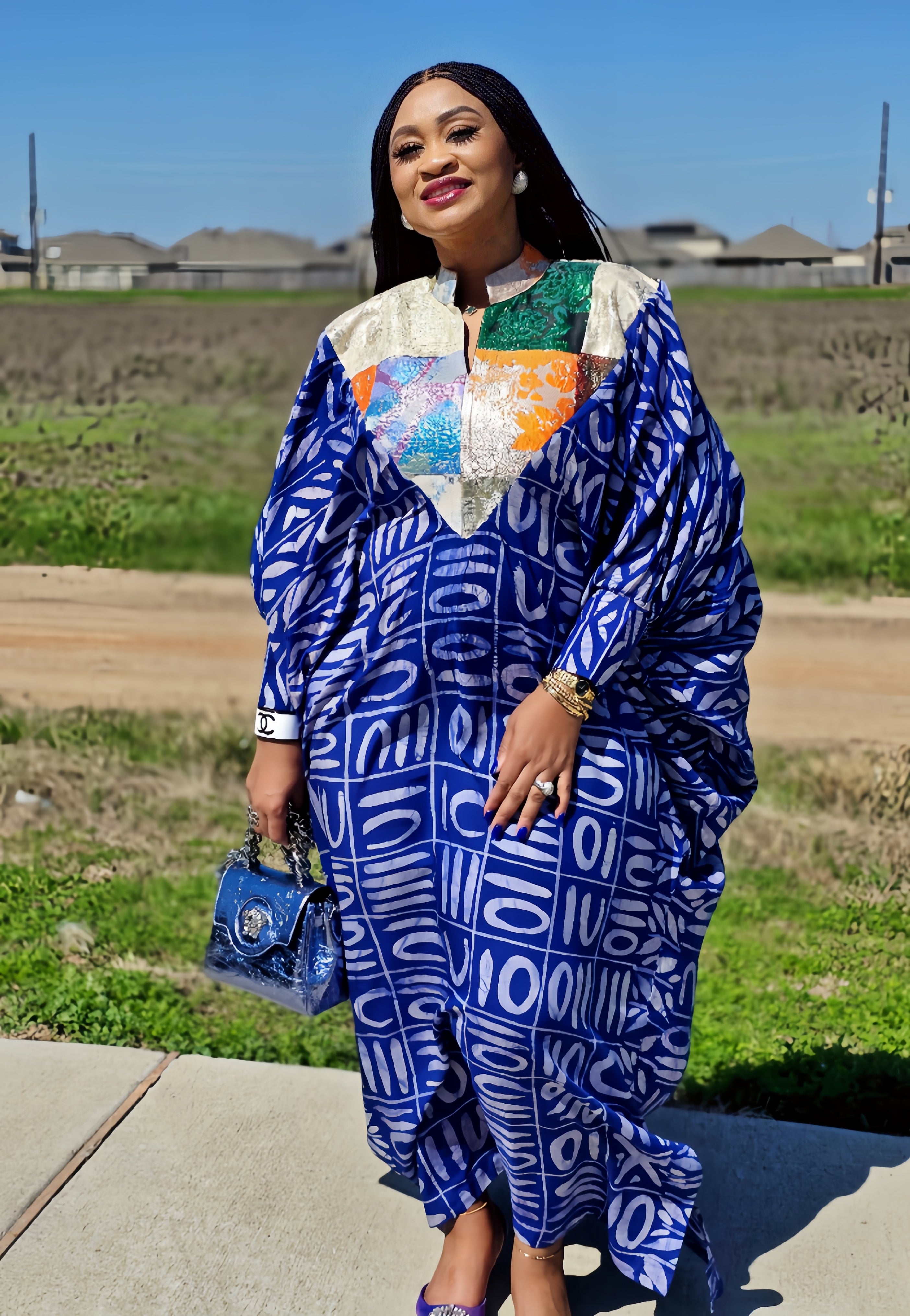 OBIM Adire+ Chiffon+Patched Brocade Neck Design Patched Bubu Dress