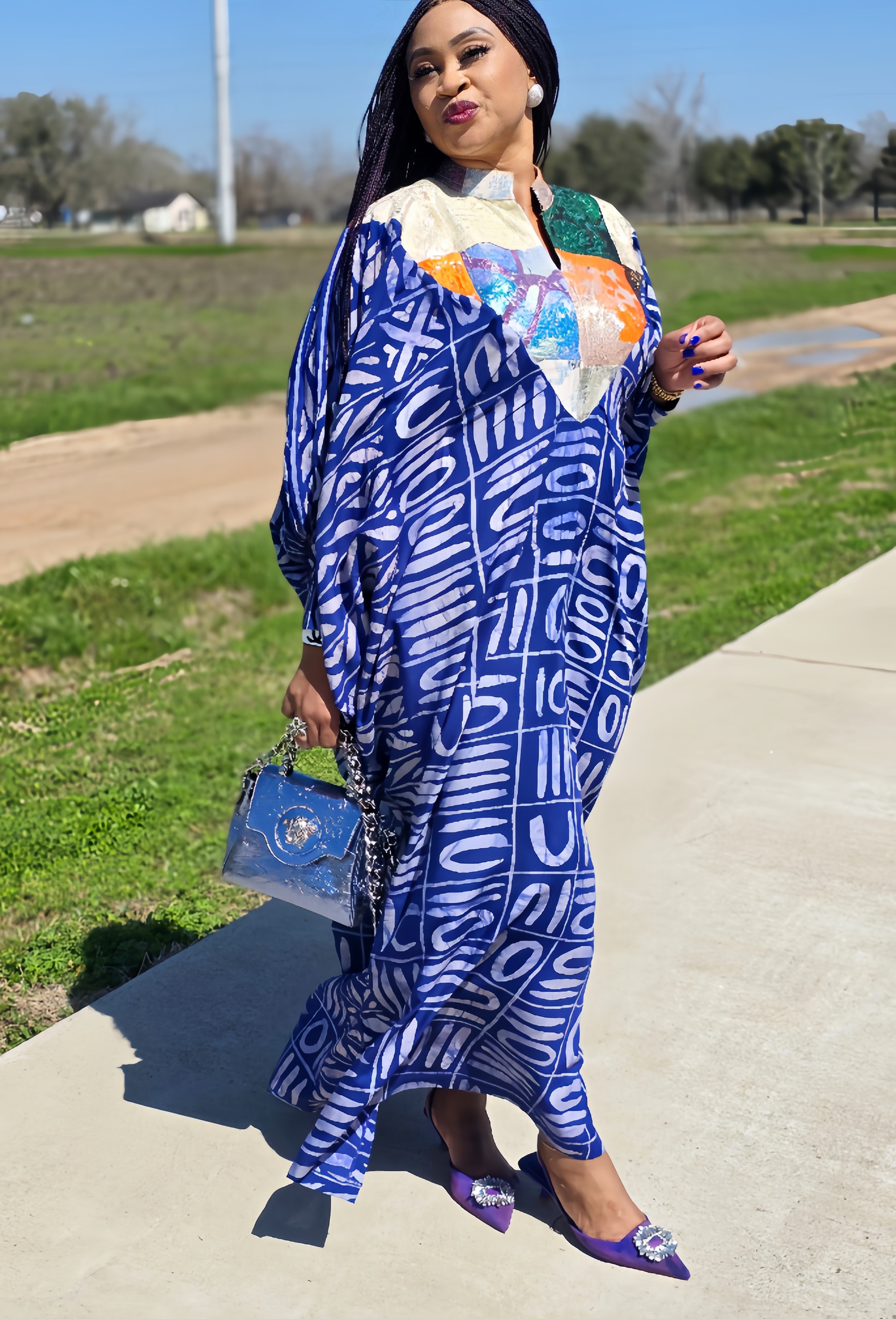 OBIM Adire+ Chiffon+Patched Brocade Neck Design Patched Bubu Dress