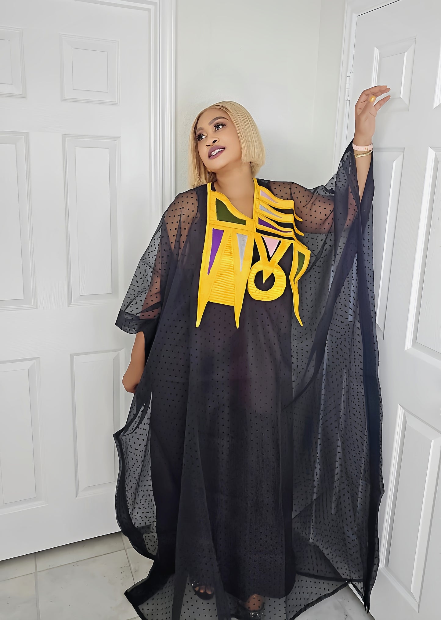 Rich Aunty Chifon Sheer Bubu With Embroidered Luxe + Free Scarf (One Size)