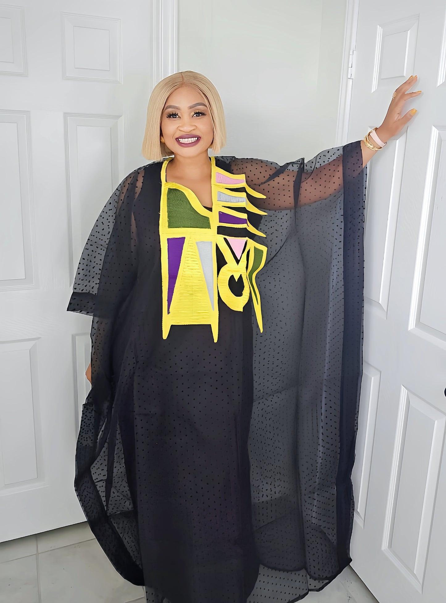 Rich Aunty Chifon Sheer Bubu With Embroidered Luxe + Free Scarf (One Size)