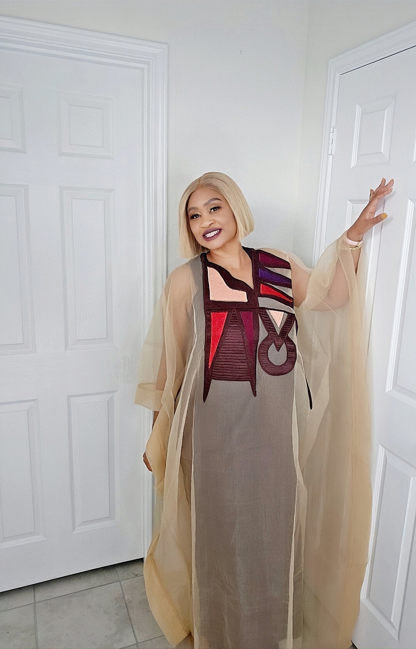 Rich Aunty Chifon Sheer Bubu With Embroidered Luxe + Free Scarf (One Size)