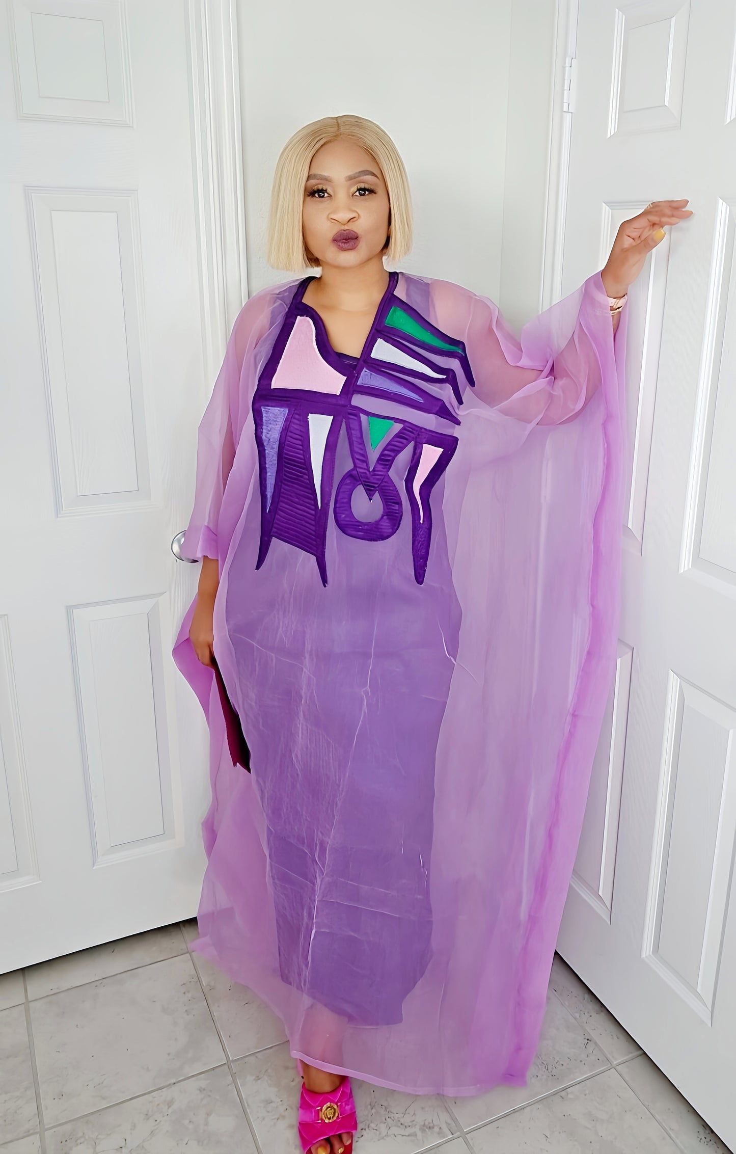 Rich Aunty Chifon Sheer Bubu With Embroidered Luxe + Free Scarf (One Size)