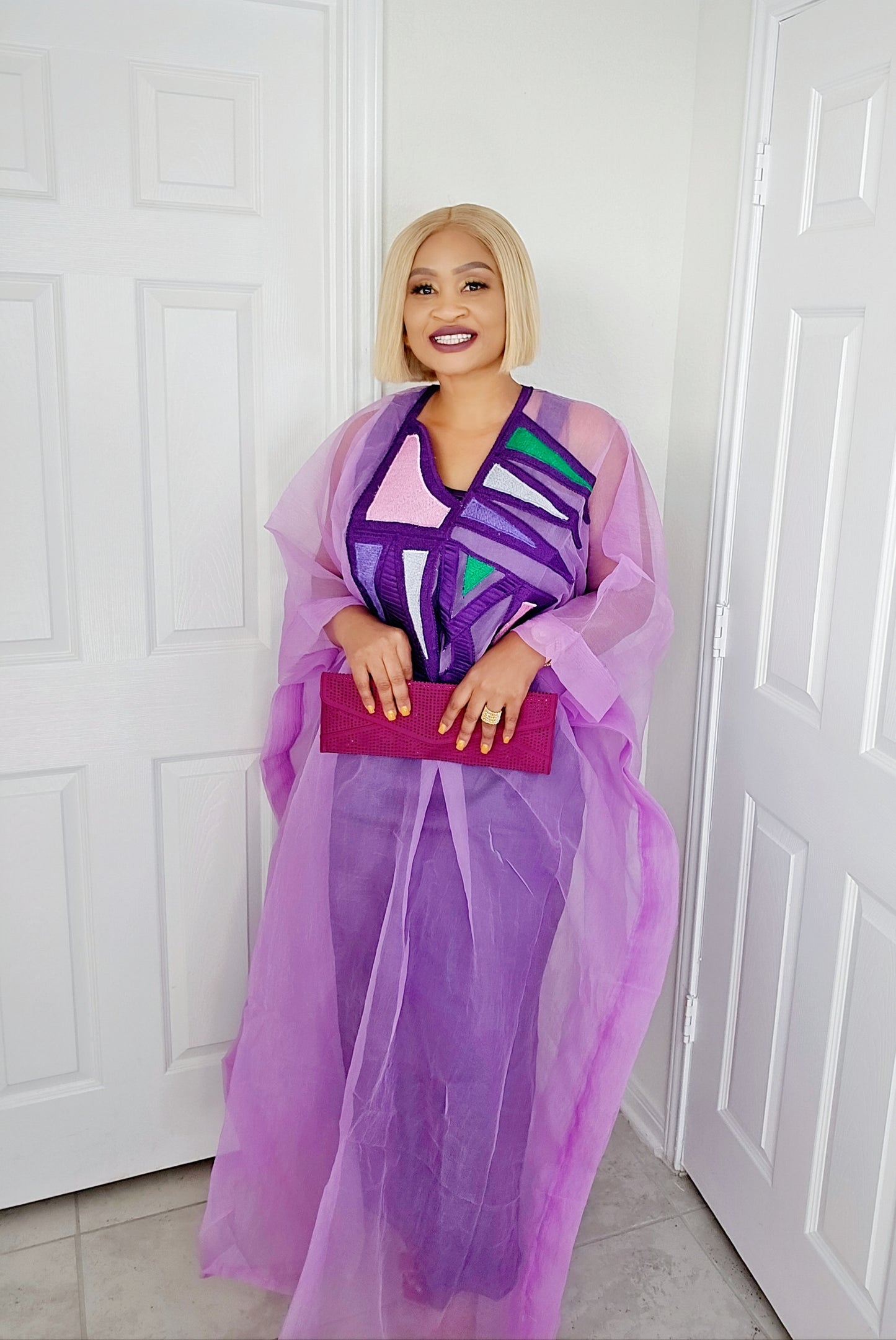 Rich Aunty Chifon Sheer Bubu With Embroidered Luxe + Free Scarf (One Size)