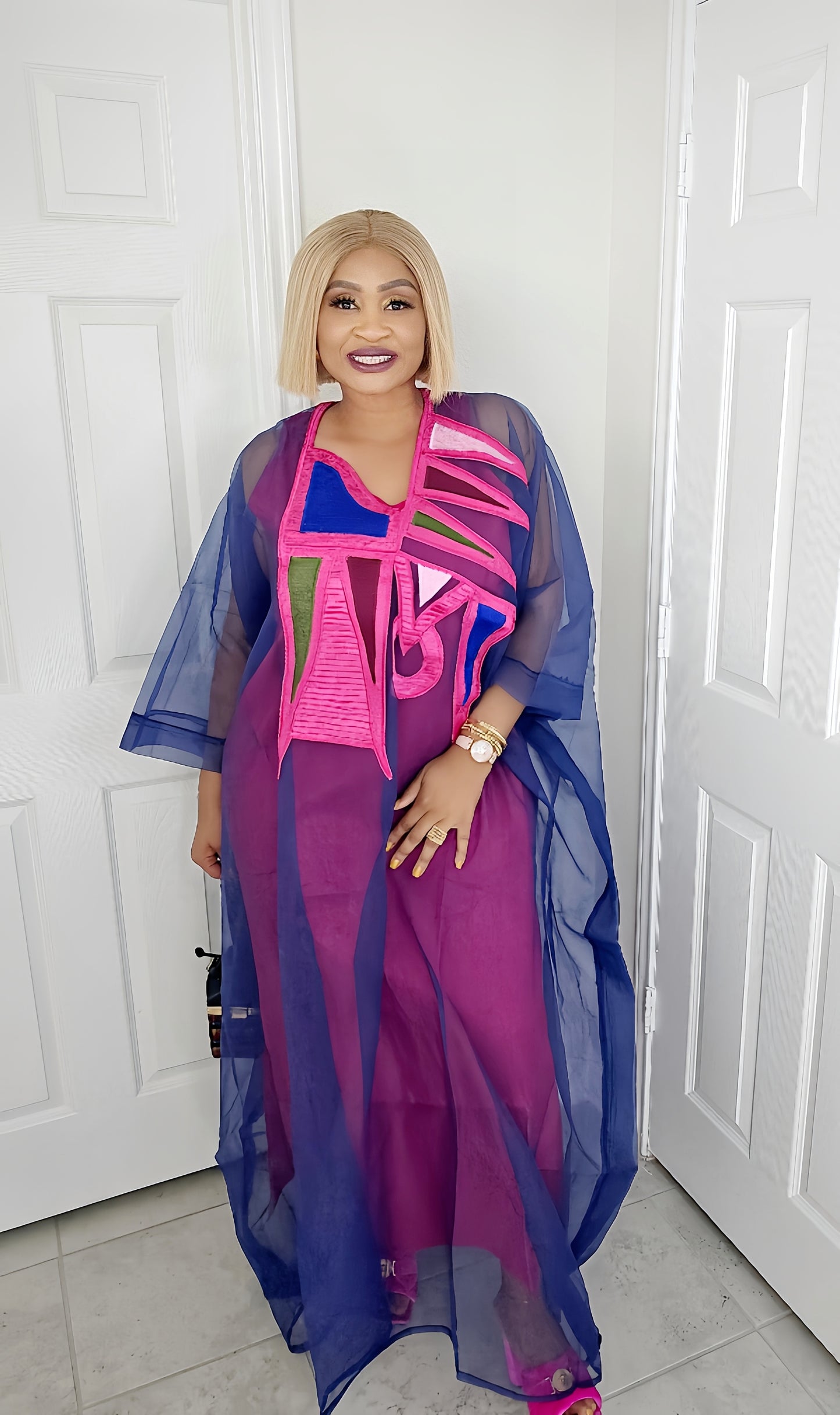 Rich Aunty Chifon Sheer Bubu With Embroidered Luxe + Free Scarf (One Size)