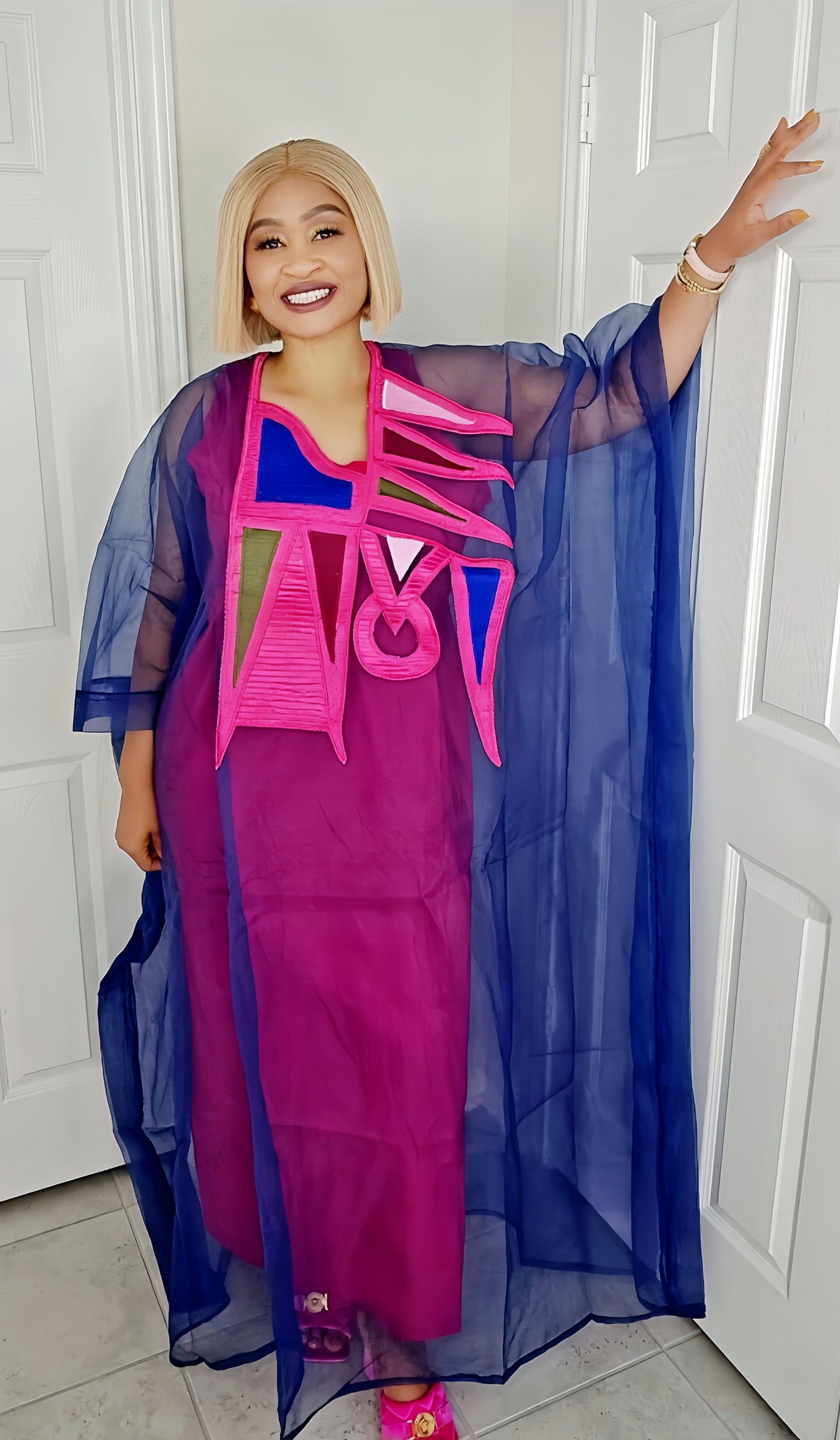 Rich Aunty Chifon Sheer Bubu With Embroidered Luxe + Free Scarf (One Size)