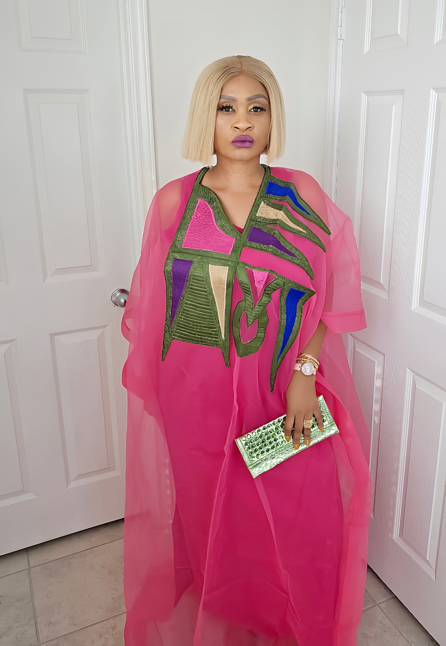 Rich Aunty Chifon Sheer Bubu With Embroidered Luxe + Free Scarf (One Size)