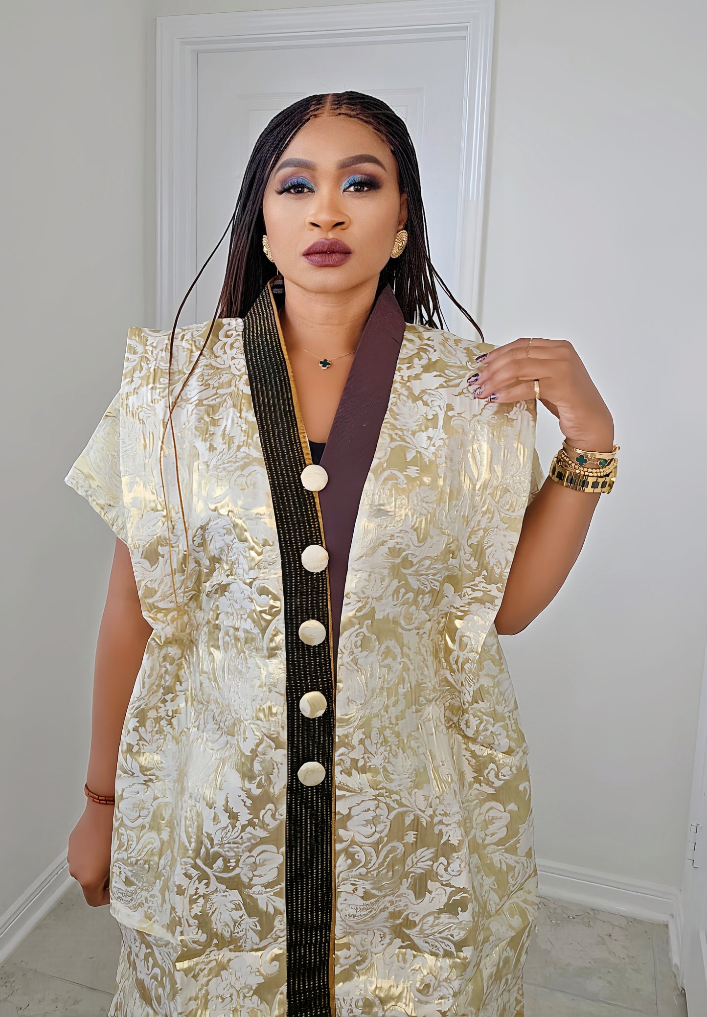 European Rich Aunty Luxurious Brocade Agbada Bubu Maxi Dress Kaftan Dress With A Contrast Neck line and Matching scarf !