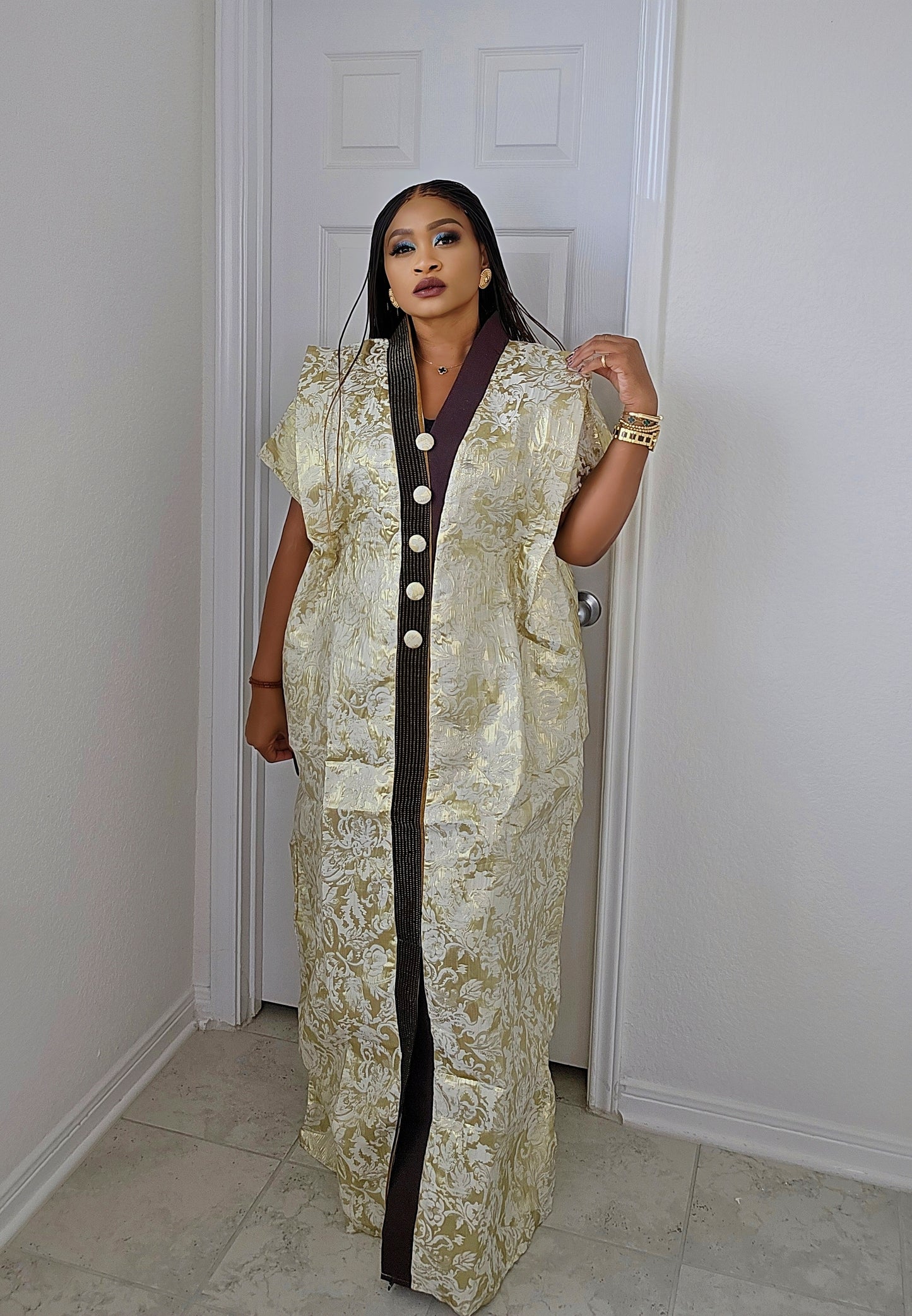 European Rich Aunty Luxurious Brocade Agbada Bubu Maxi Dress Kaftan Dress With A Contrast Neck line and Matching scarf !