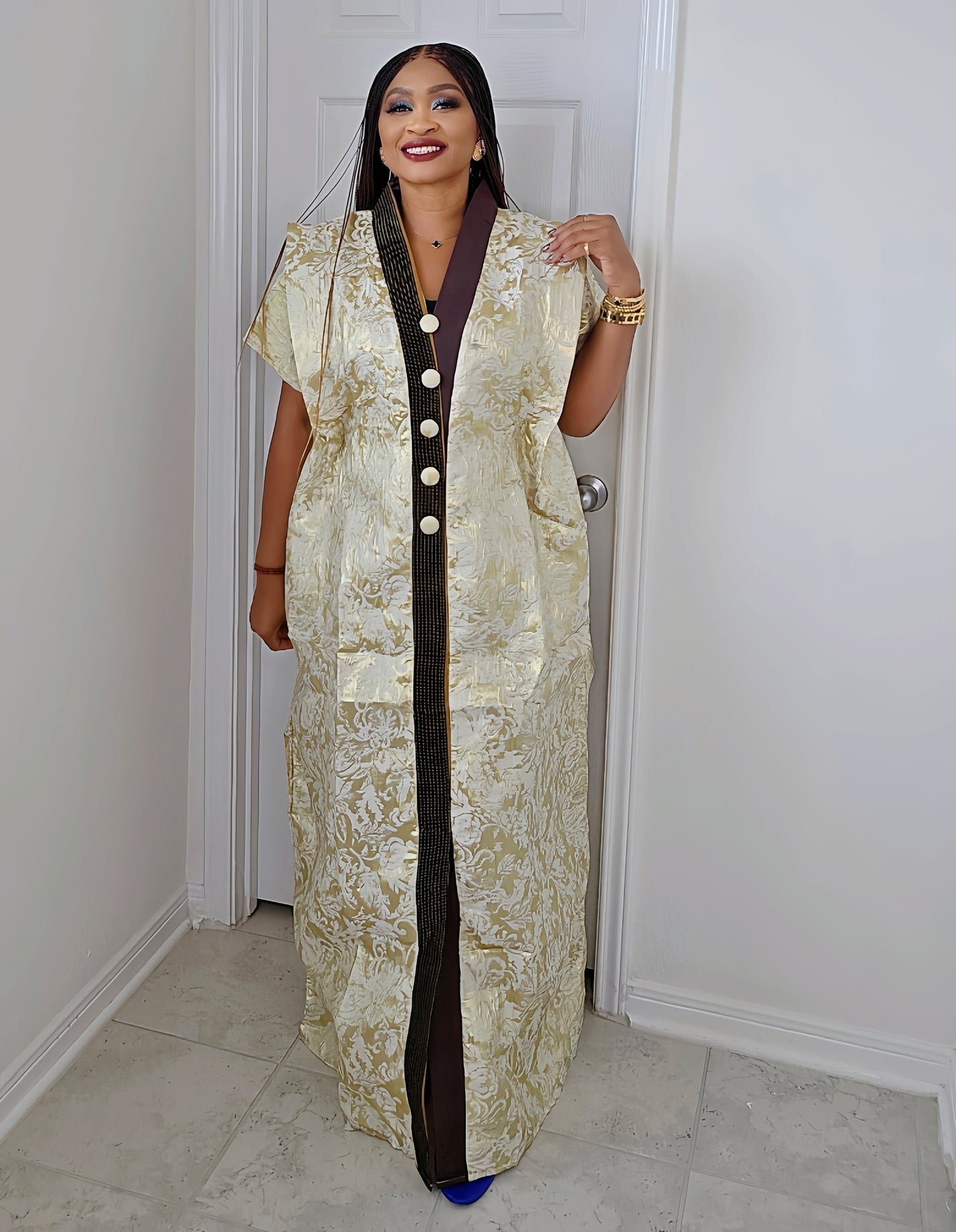 European Rich Aunty Luxurious Brocade Agbada Bubu Maxi Dress Kaftan Dress With A Contrast Neck line and Matching scarf !