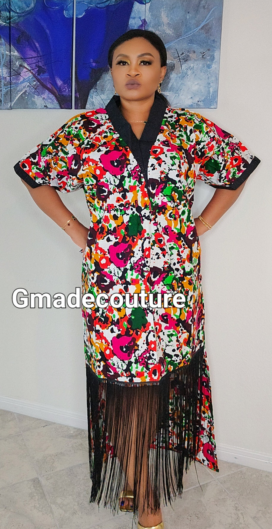 Esosa Luxury Ankara Bubu Dress with Fringe- C