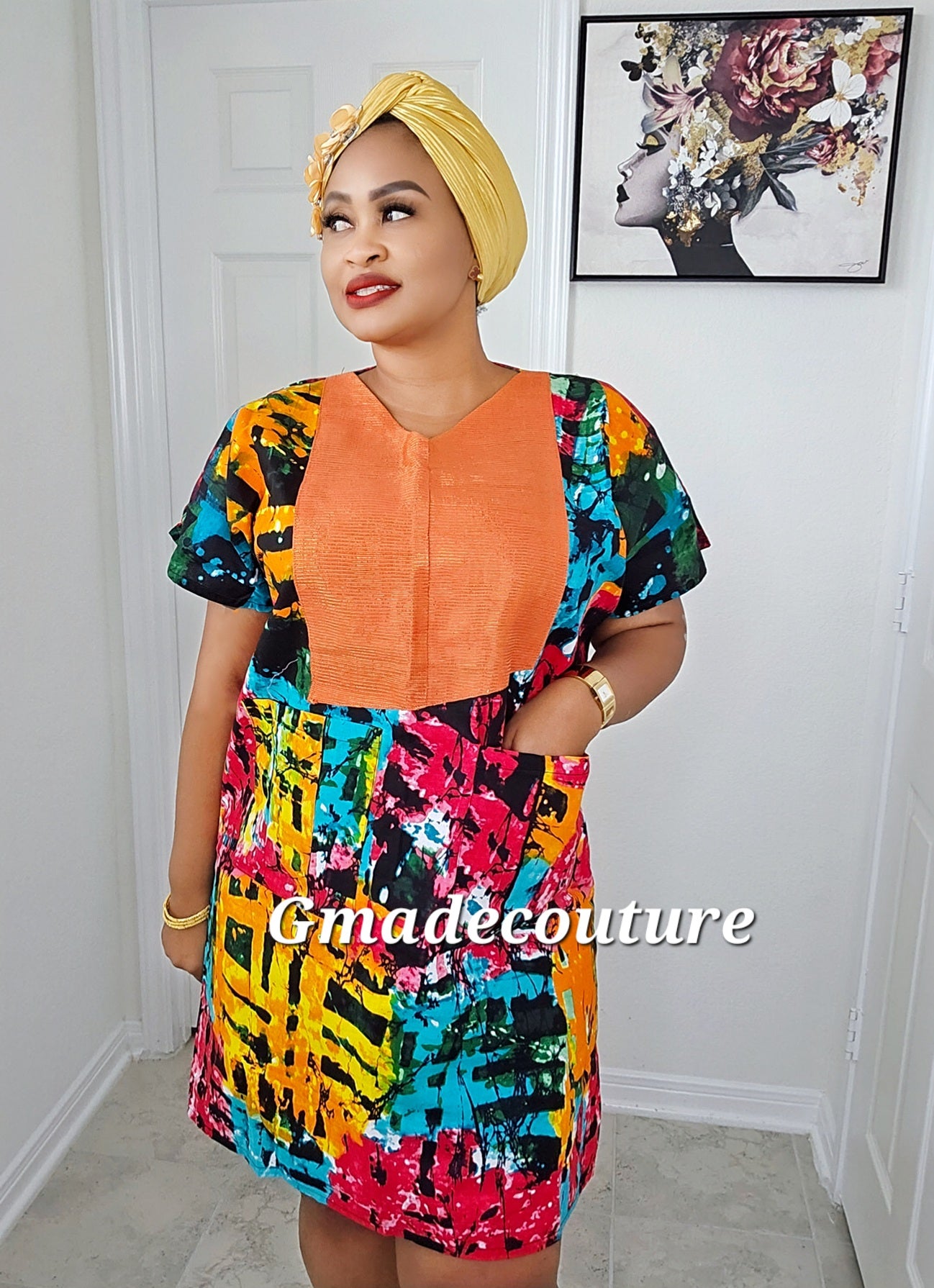 Premium Ankara print Dress with Aso-Oke Patch Neckline 1