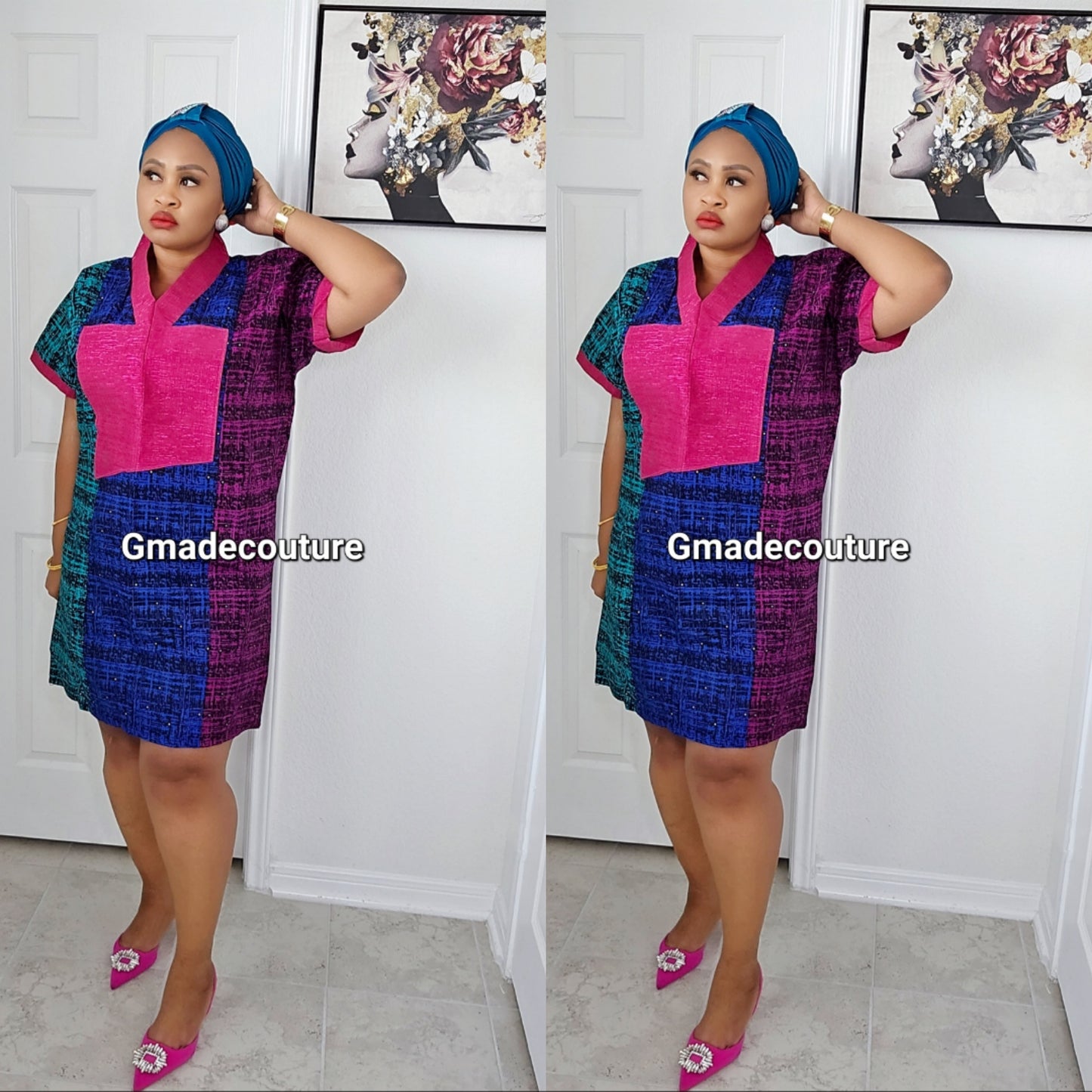 Premium Ankara print Dress with Aso-Oke Patch Neckline