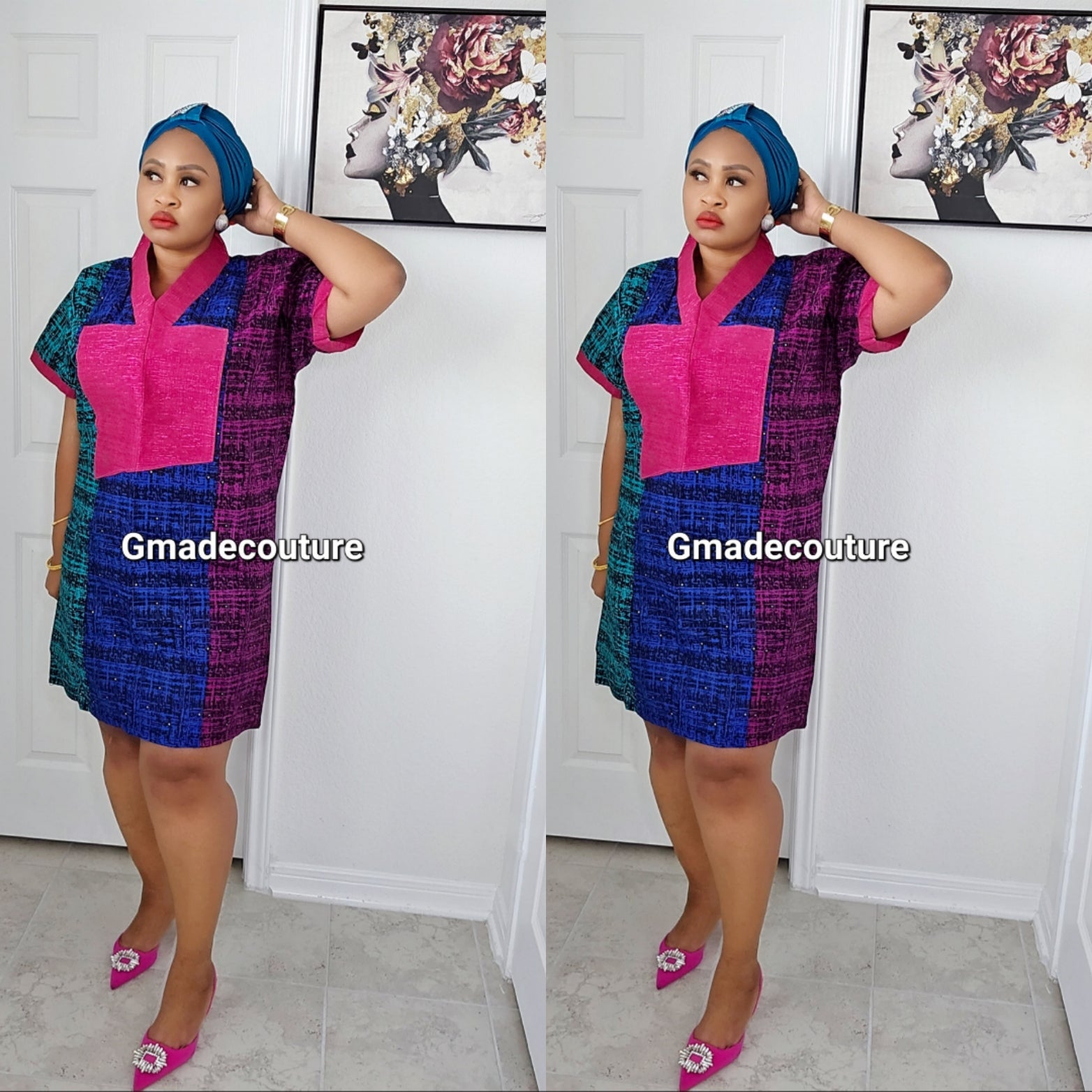 Premium Ankara print Dress with Aso-Oke Patch Neckline