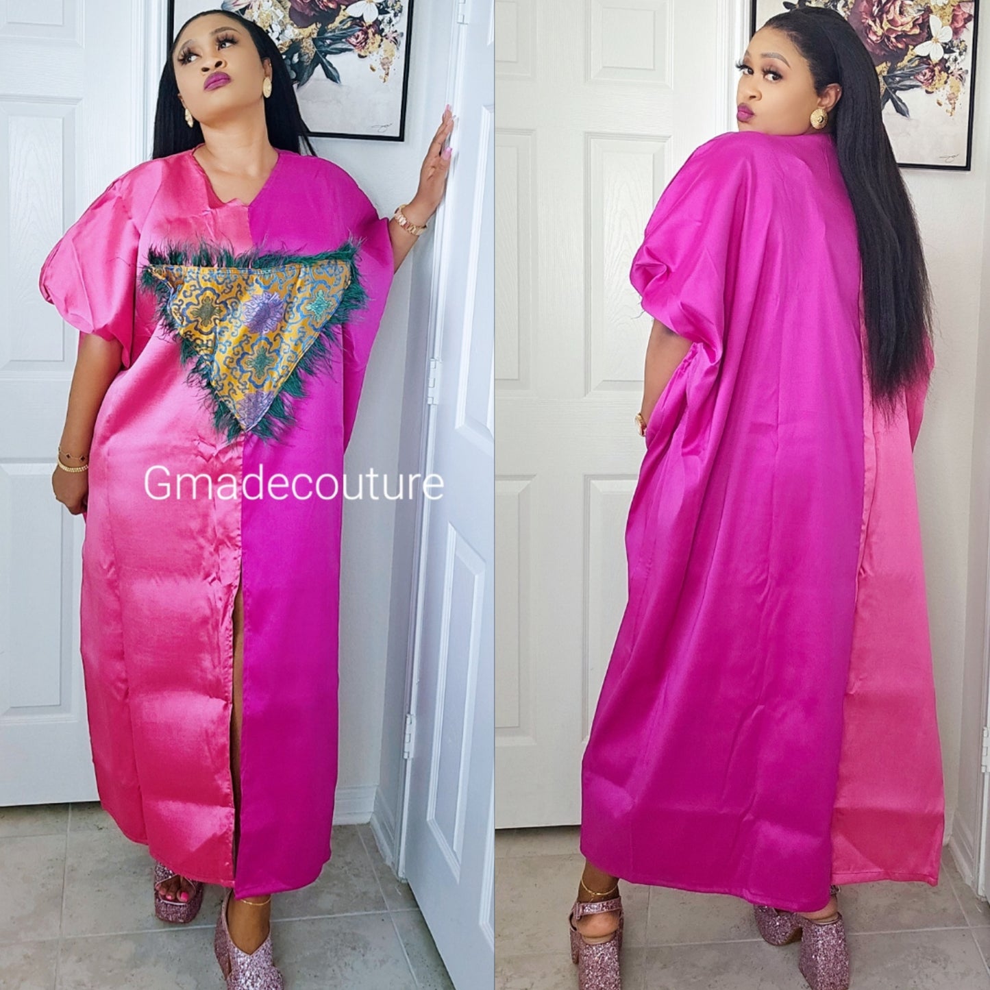 Mikado Two-Toned Rich Aunty Luxurious Agbada Bubu Maxi Dress Kaftan Dress- pink