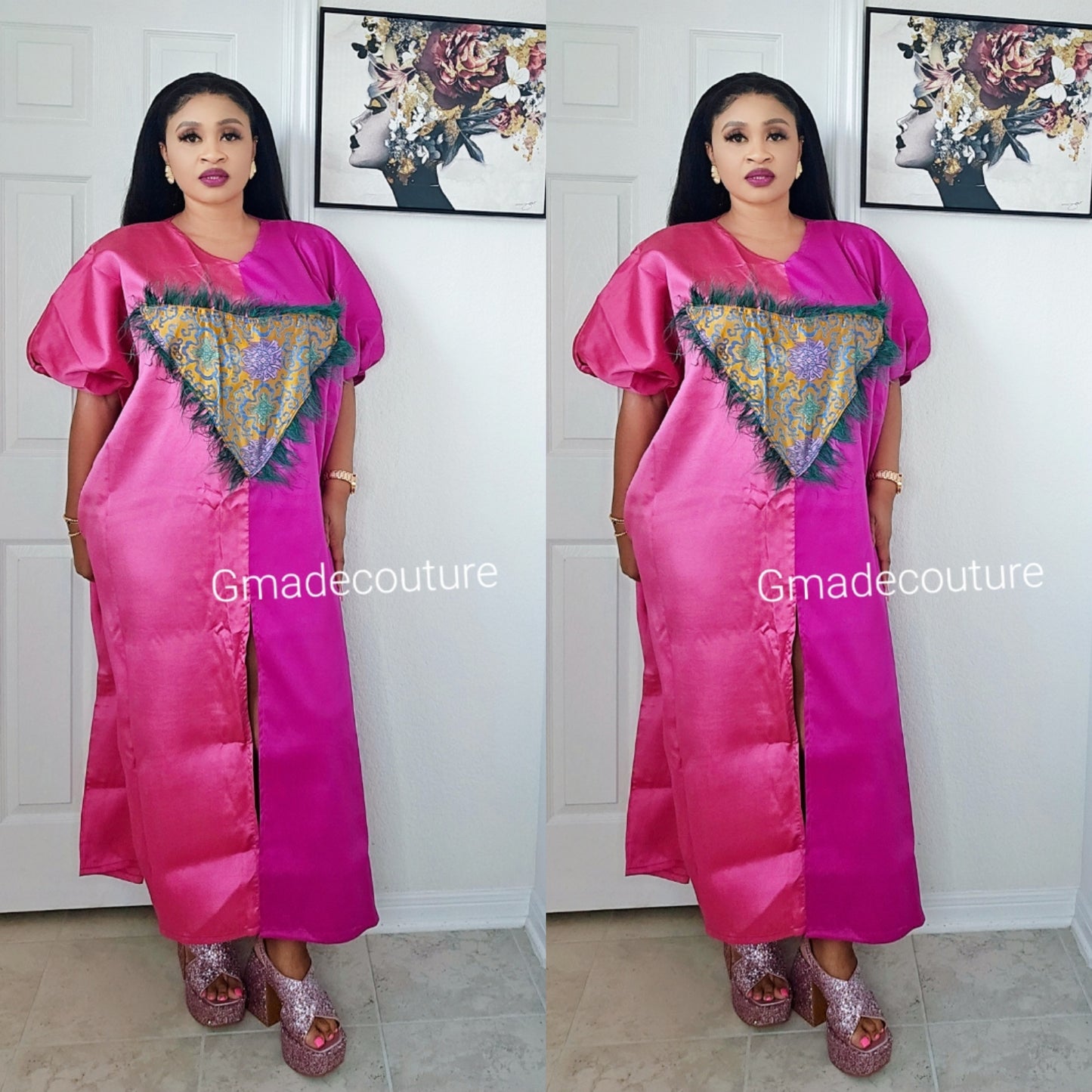 Mikado Two-Toned Rich Aunty Luxurious Agbada Bubu Maxi Dress Kaftan Dress- pink