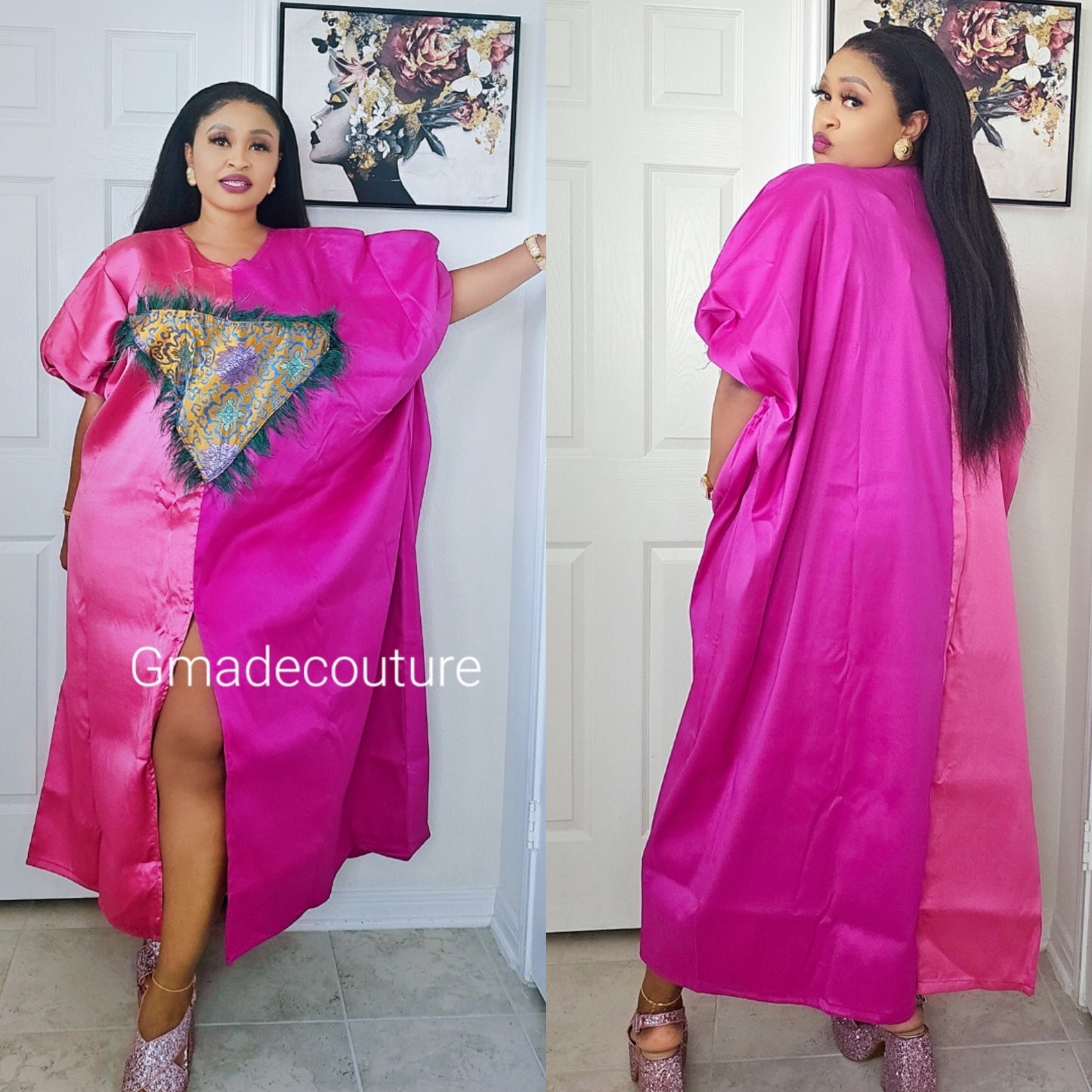 Mikado Two-Toned Rich Aunty Luxurious Agbada Bubu Maxi Dress Kaftan Dress- pink
