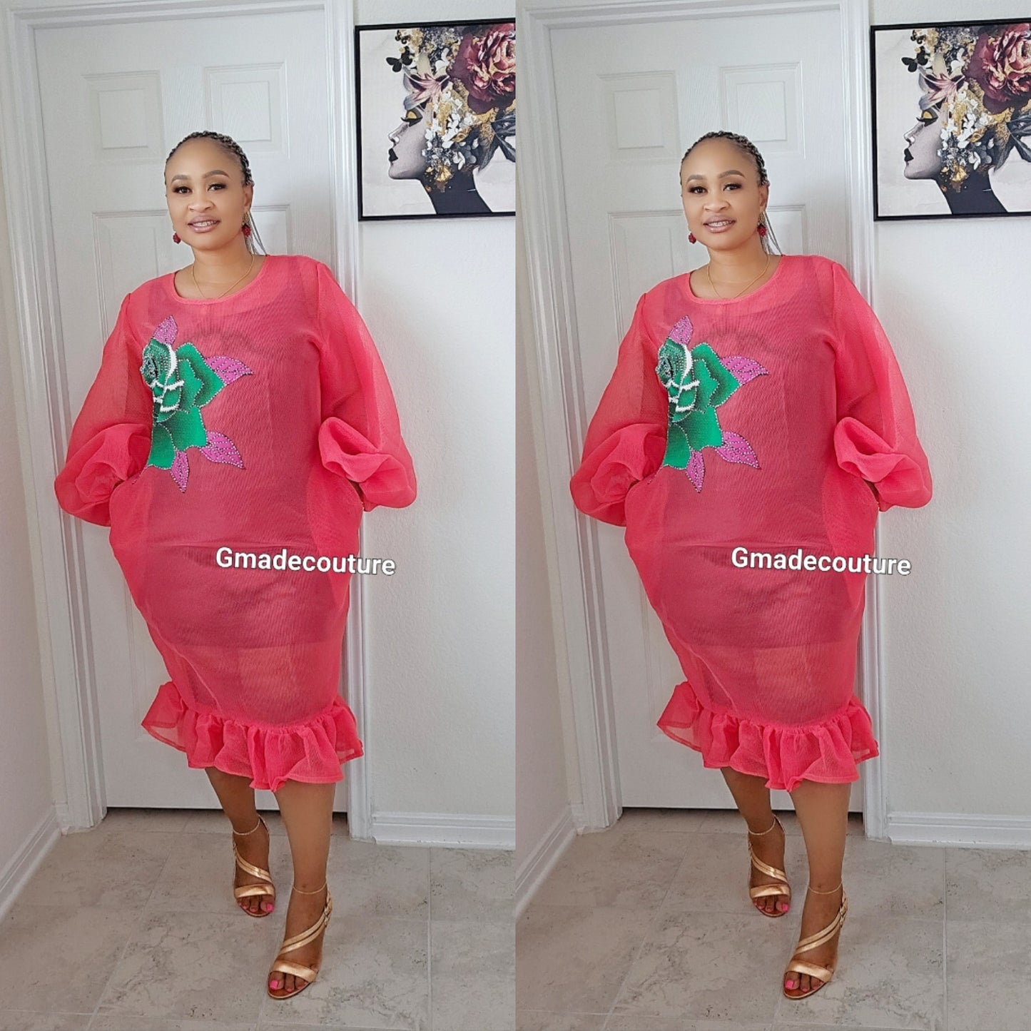 Puff sleeves Lace with Ankara Rose patch and Ruffled Hem- Peach