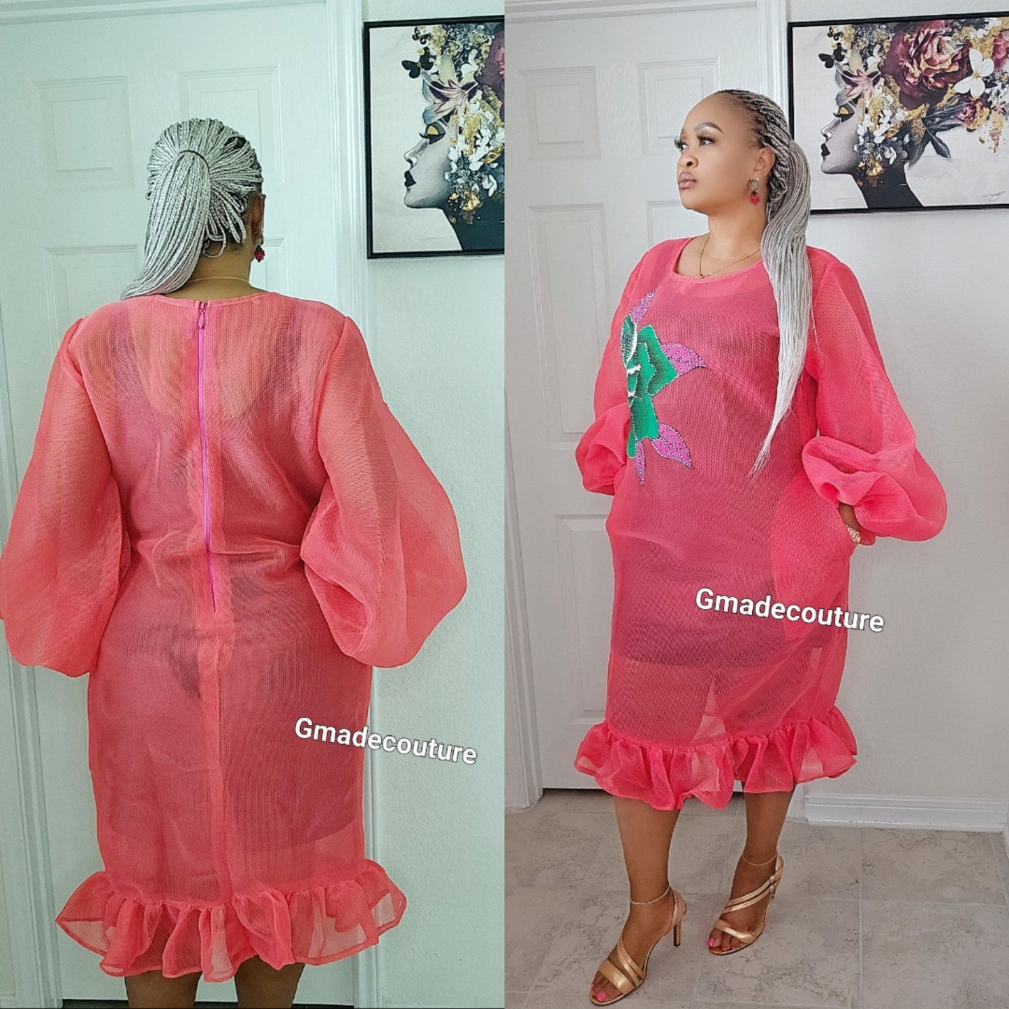 Puff sleeves Lace with Ankara Rose patch and Ruffled Hem- Peach