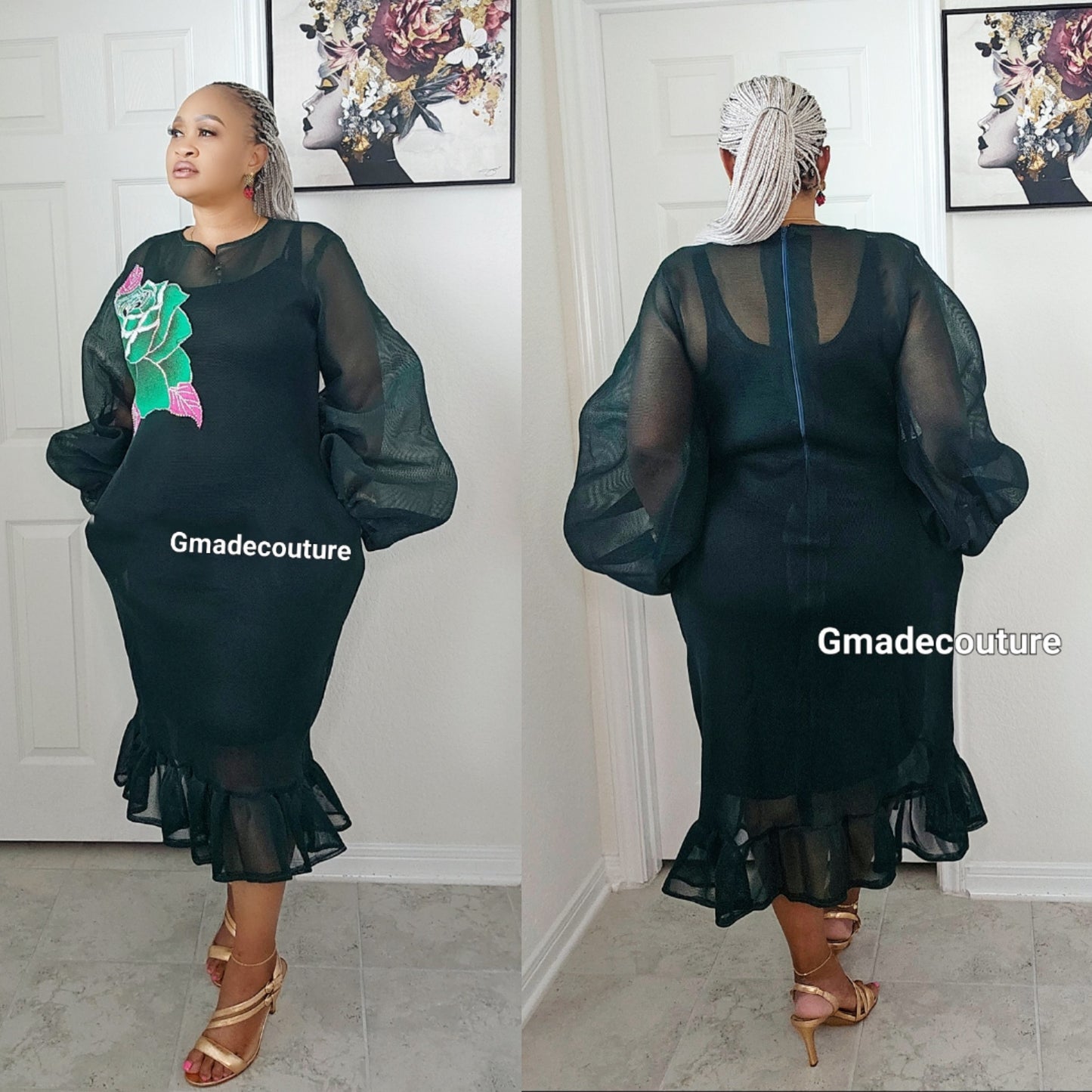 Puff sleeves Lace with Ankara Rose patch and Ruffled Hem-Dark G