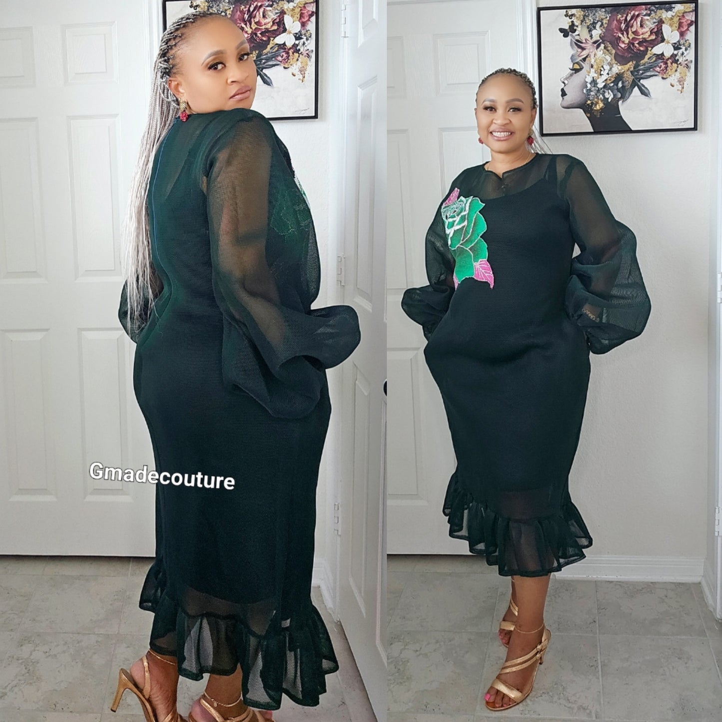 Puff sleeves Lace with Ankara Rose patch and Ruffled Hem-Dark G