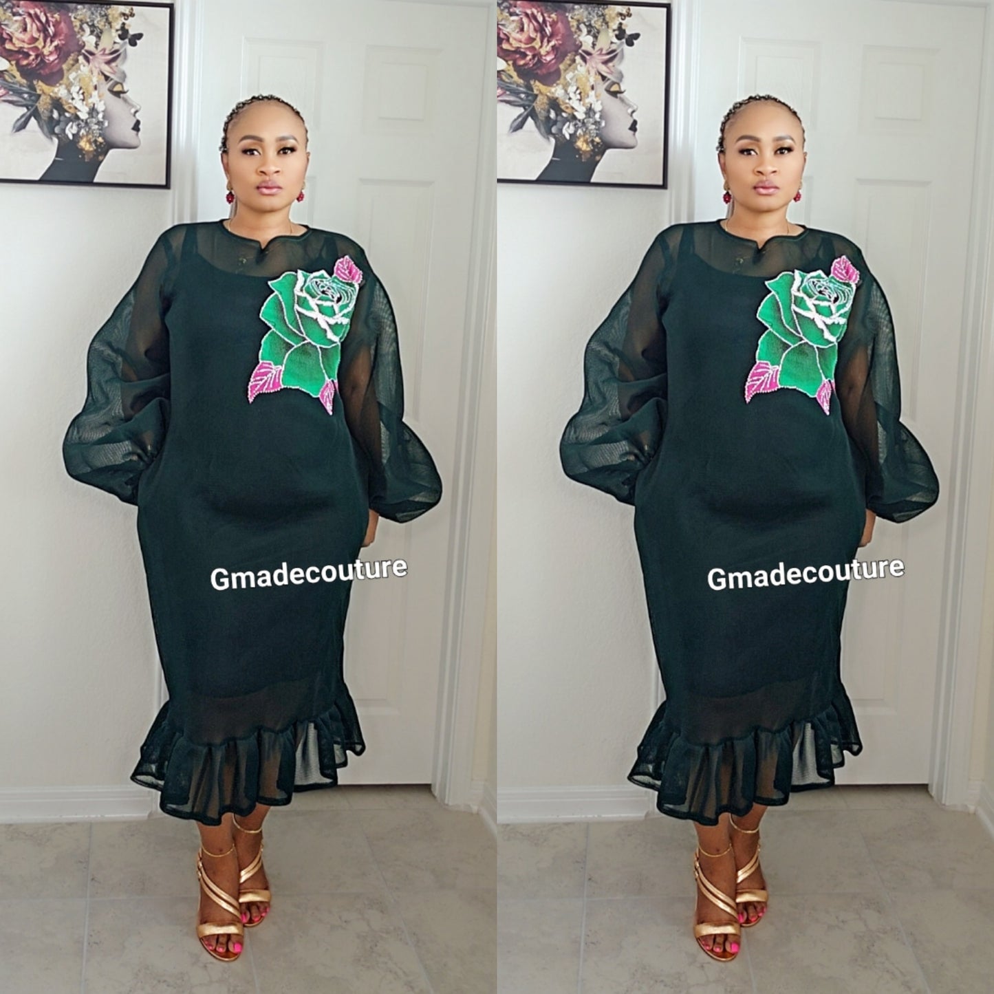 Puff sleeves Lace with Ankara Rose patch and Ruffled Hem-Dark G