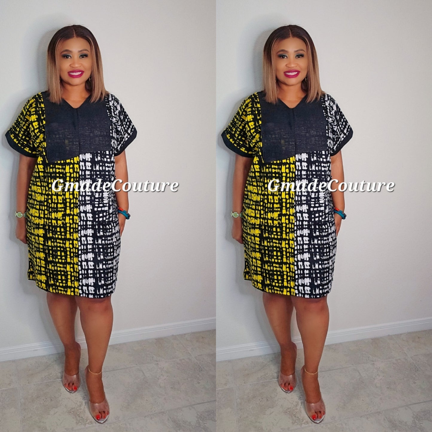 Nikky Ankara Print Dress with front pockets Embelished Aso Oke