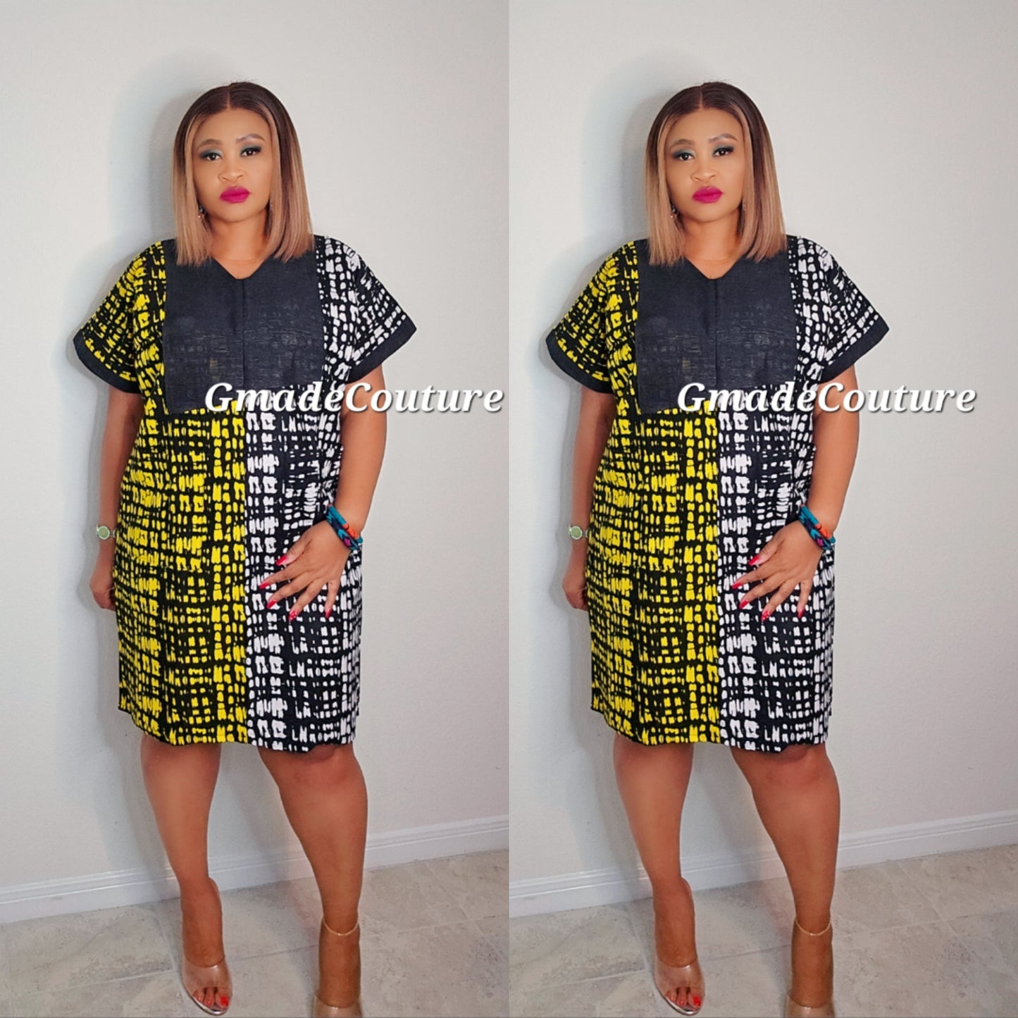 Nikky Ankara Print Dress with front pockets Embelished Aso Oke