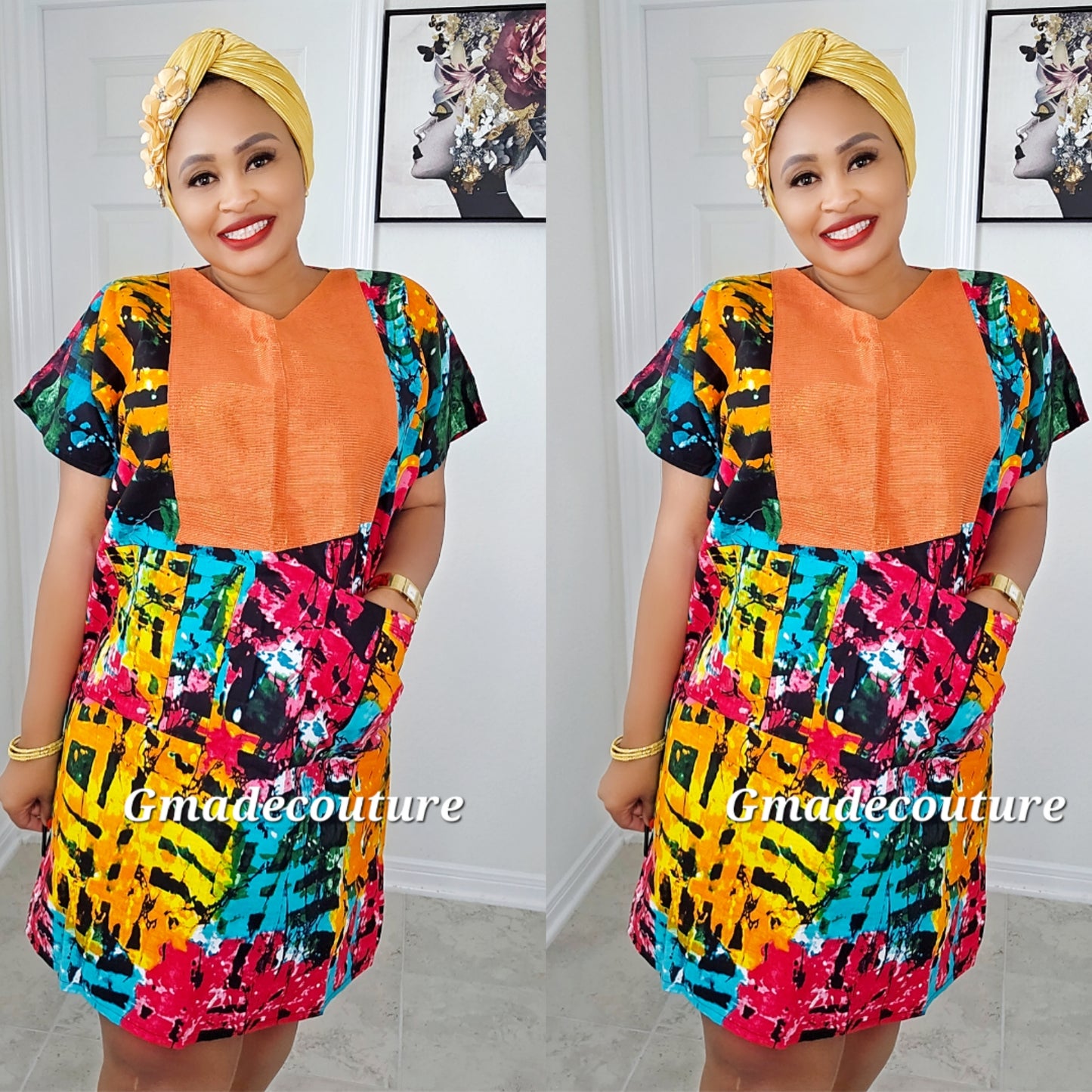 Premium Ankara print Dress with Aso-Oke Patch Neckline 1
