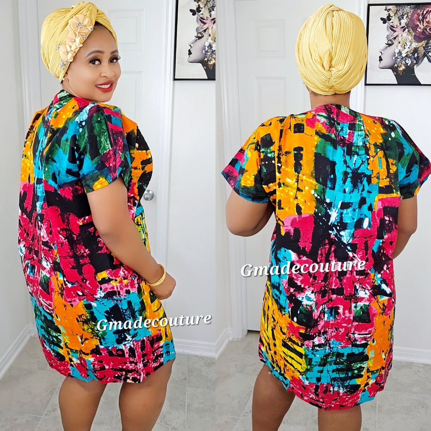 Premium Ankara print Dress with Aso-Oke Patch Neckline 1