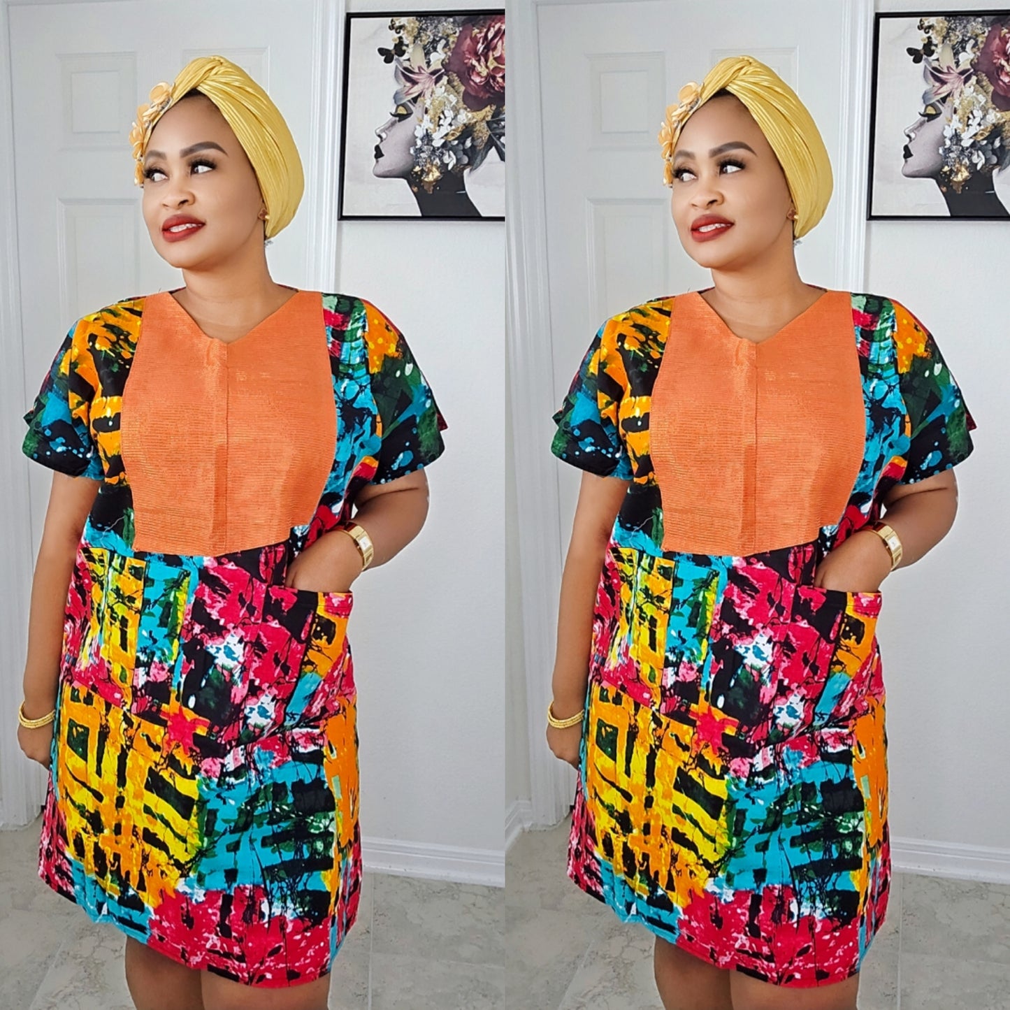 Premium Ankara print Dress with Aso-Oke Patch Neckline 1