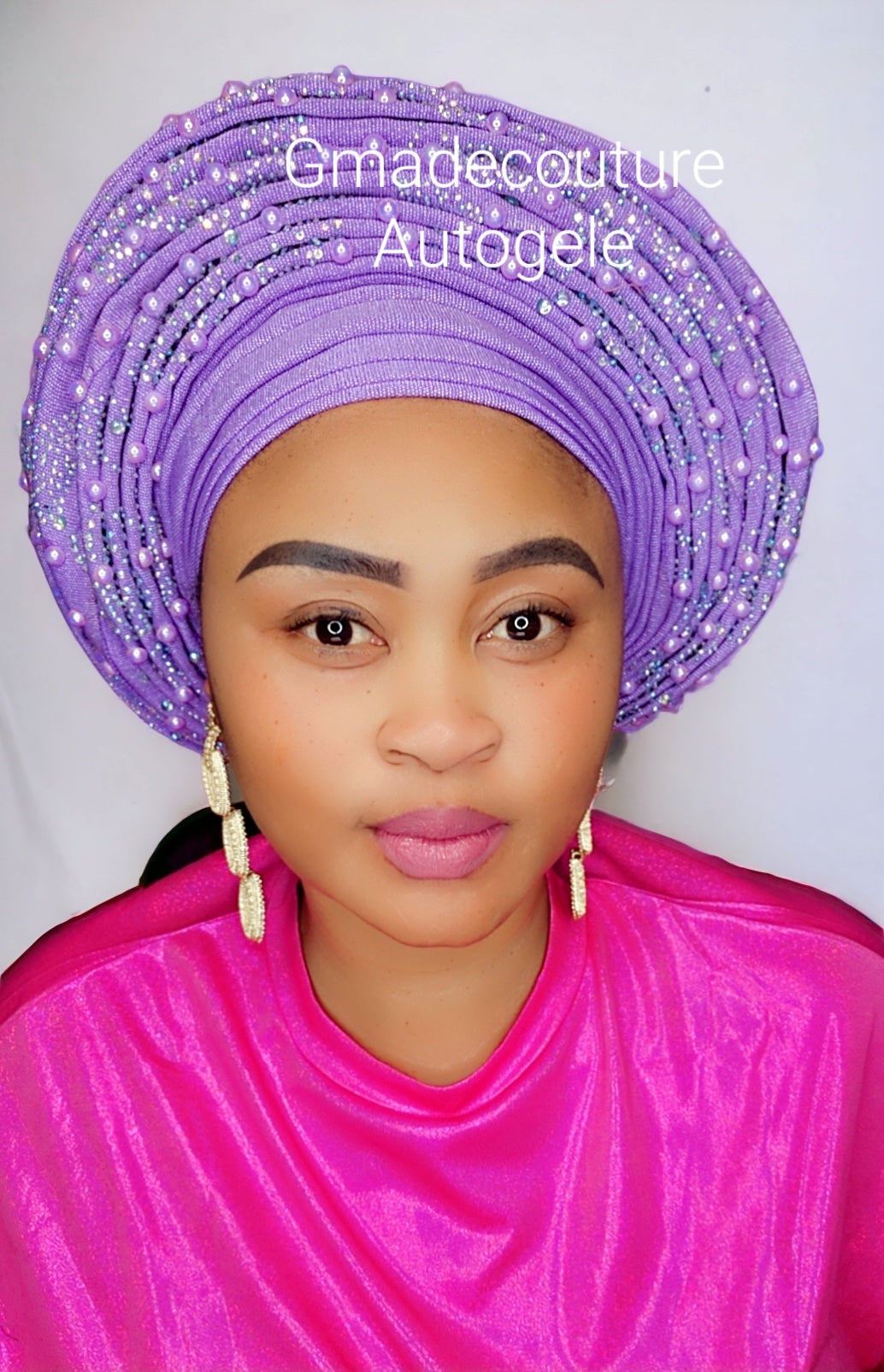ROUND SHAPED LUXURY AUTOGELE ASO OKE BEADED HEADTIE ONLY WITH STONE GLITTERS AND PEARLS- Lilac