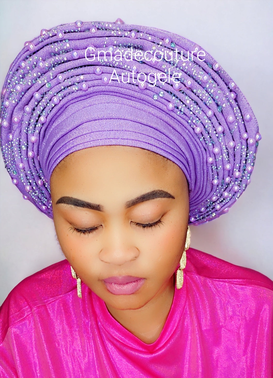 ROUND SHAPED LUXURY AUTOGELE ASO OKE BEADED HEADTIE ONLY WITH STONE GLITTERS AND PEARLS- Lilac