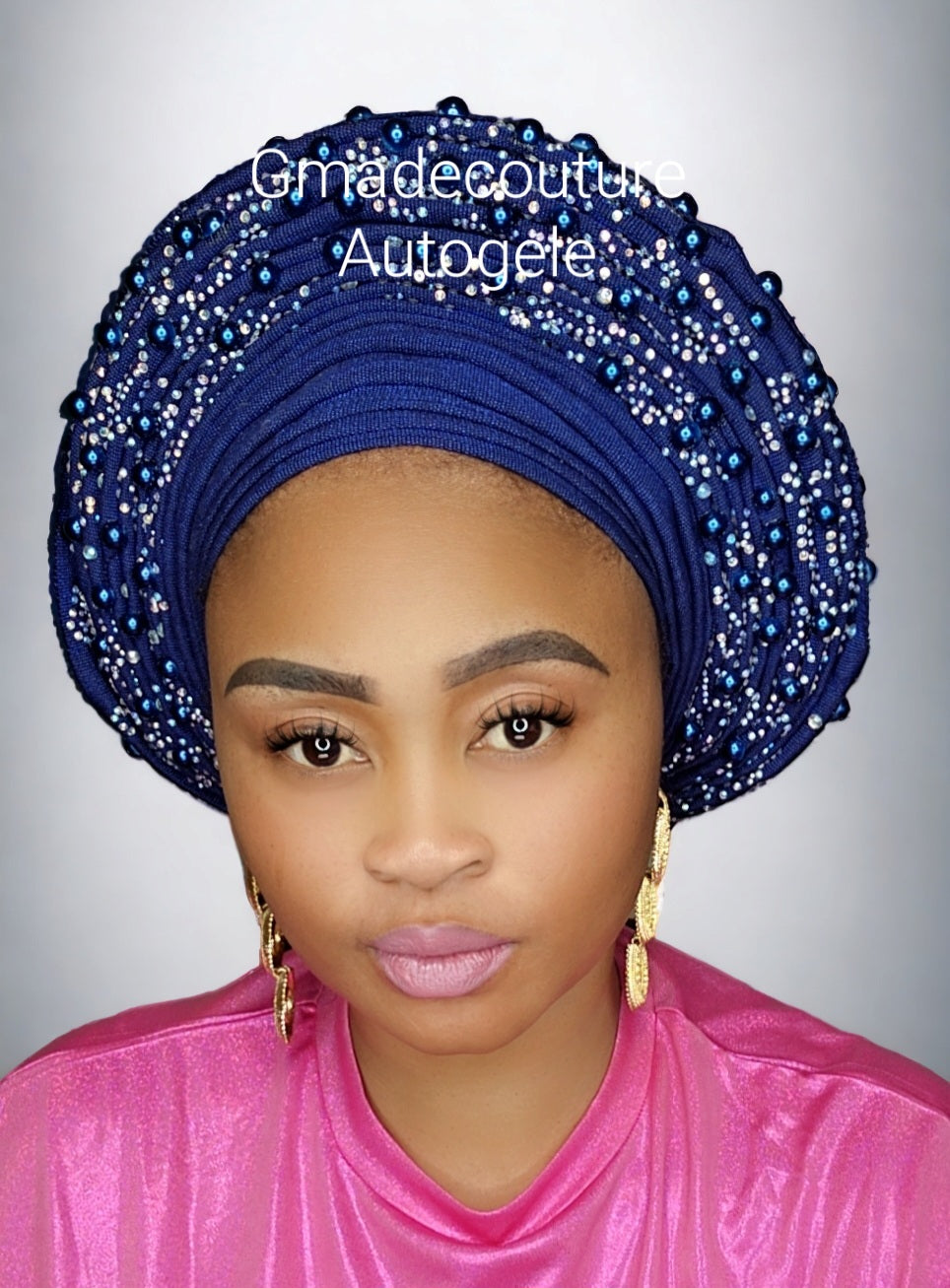 ROUND SHAPED LUXURY AUTOGELE ASO OKE BEADED HEADTIE ONLY WITH STONE GLITTERS AND PEARLS- Navy Blue